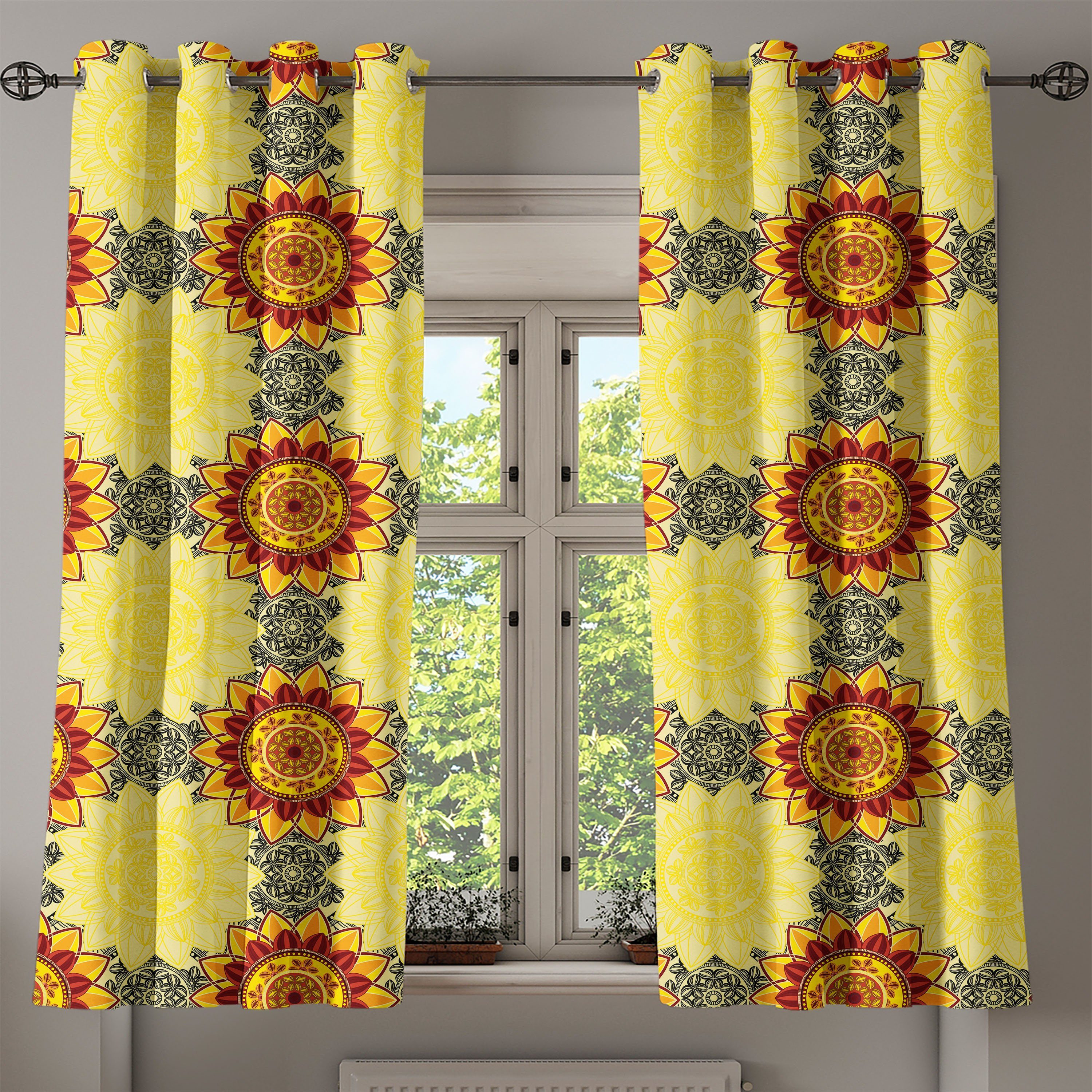 Gardine Dekorative 2-Panel-Fenstervorhänge für Yellow Abakuhaus, Wohnzimmer, vibrant Mandala Schlafzimmer