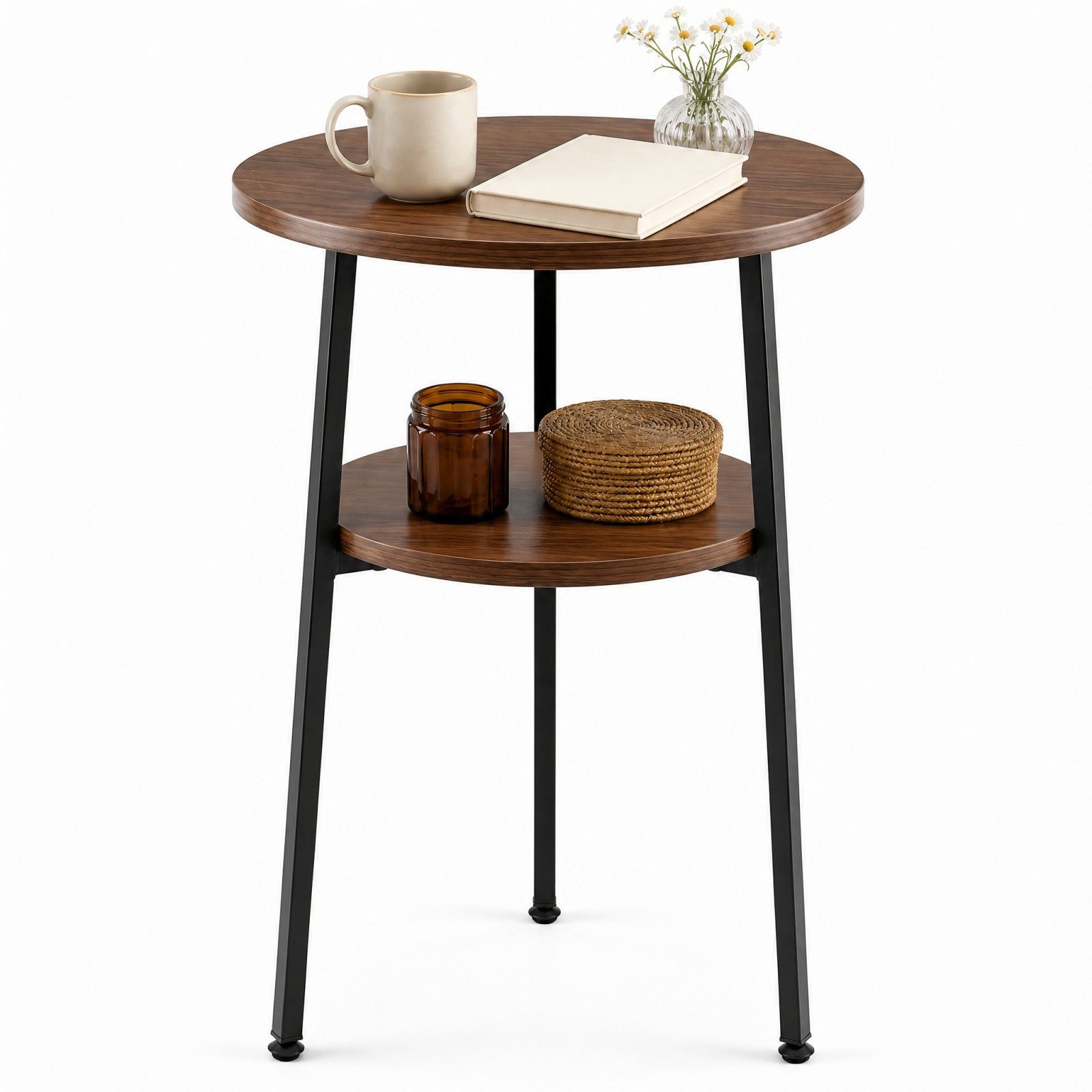 KOMFOTTEU Couchtisch 2-stufiger Beistelltisch (1-St), dreieckiges Metallgestell und Holzoptik