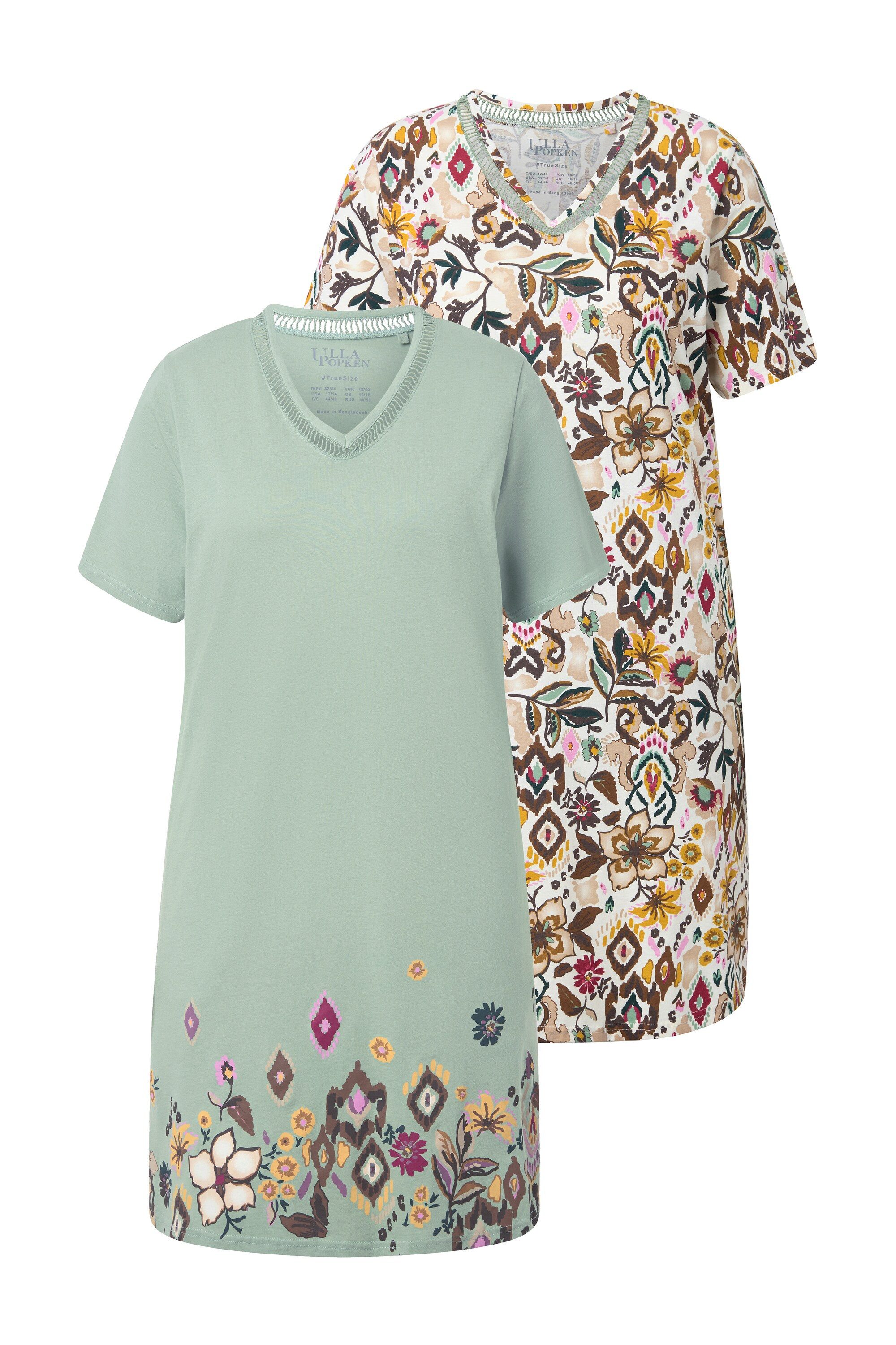 Ulla Popken Nachthemd Bigshirts 2er-Pack Blüten V-Ausschnitt Halbarm günstig online kaufen