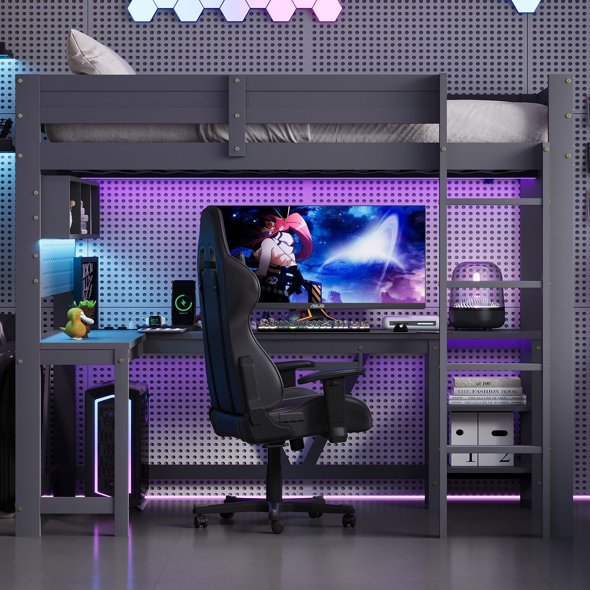 Ulife Hochbett 90 x 200 großes Gaming-Hochbett aus Holz, Grau (3-St) mit Schreibtisch, Ablagefächern, LED-Beleuchtung und Ladestation