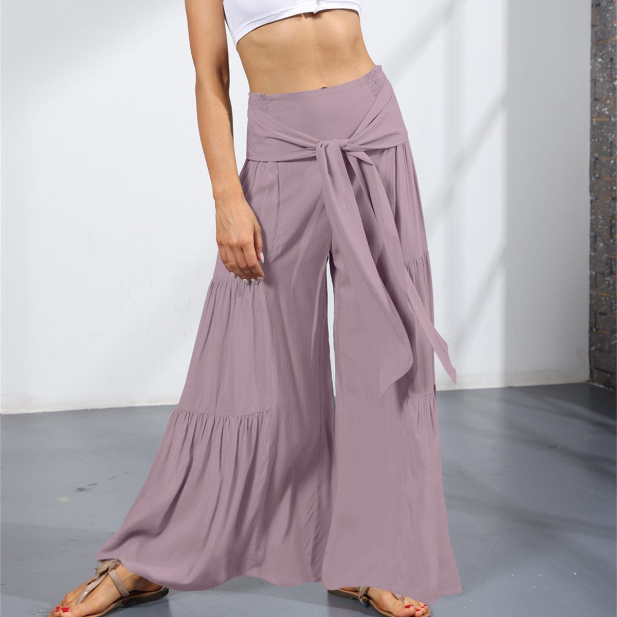 carefully selected Loungepants Damen-Hose mit hoher Taille, plissiertem  Bindeband, weitem Bein
