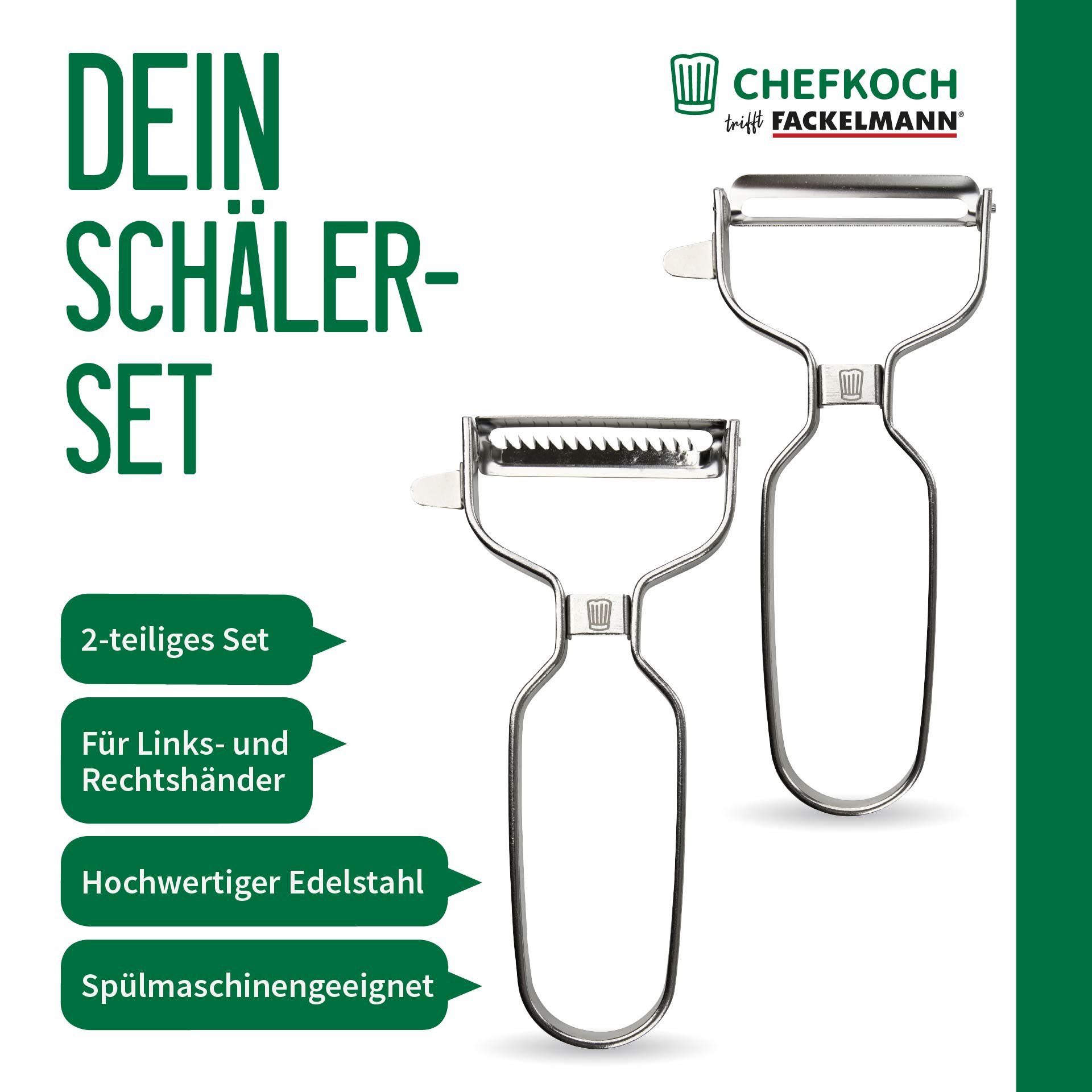Chefkoch trifft Fackelmann Sparschäler Premium Schäler-Set, Edelstahl – Für Links- & Rechtshänder