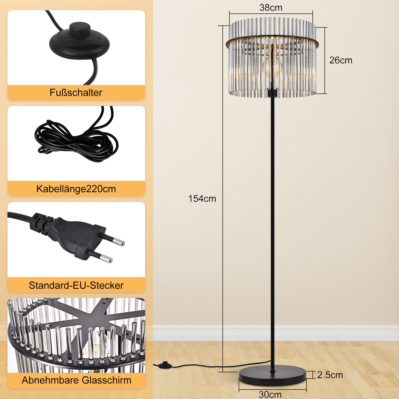 Nettlife Stehlampe Schwarz Modern Glas & Fußtaster E27 Standleuchte als Leselampe, ohne Leuchtmittel, für Wohnzimmer, Schlafzimmer, Büro, Kinderzimmer