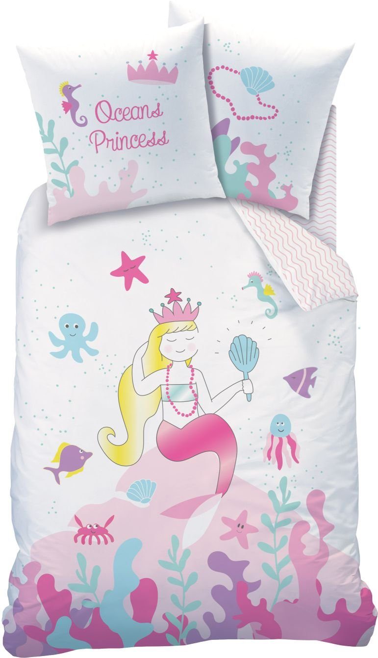 Familando Kinderbettwäsche Meerjungfrau "Oceans Princess" 135x200 80x80cm aus 100% Baumwolle, Renforcé, 2 teilig, mit Wendemotiv und Schriftzug