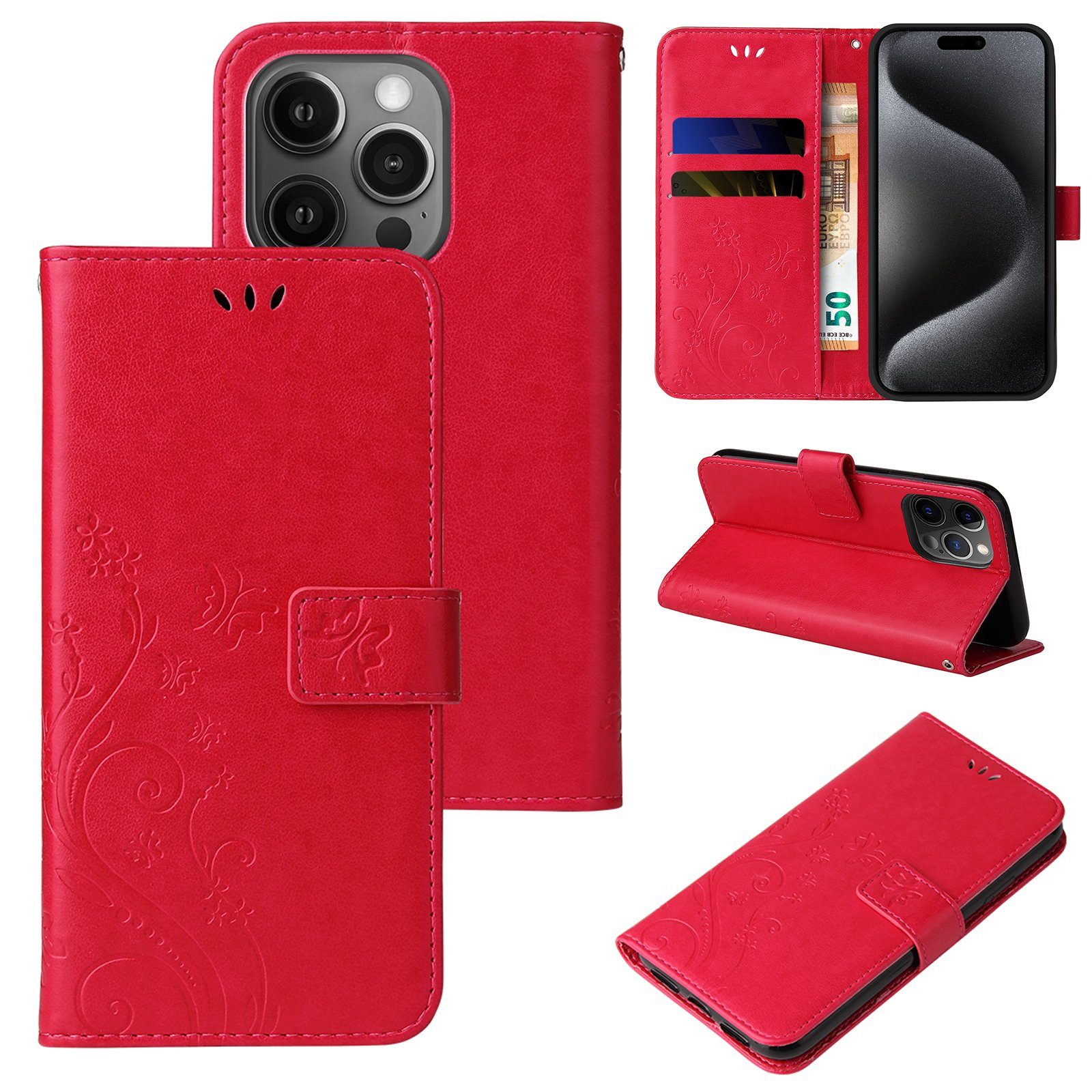 Tec-Expert Handyhülle Cover Tasche Hülle für Apple iPhone 15 Pro Max 6,7 Zoll, Klapphülle Case mit Kartenfach Fliphülle aufstellbar, Motiv Blumen