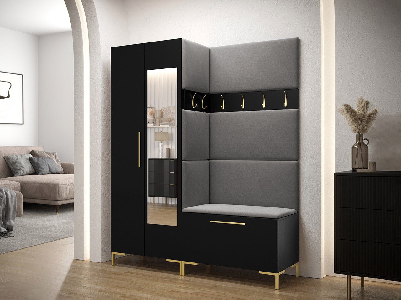 MIRJAN24 Garderoben-Set Zilion IX, (Komplett-Set, Schrank mit Spiegel, 2x Kleiderhaken, Paneel 3x 42x42, 4x 84x42), Auswahl aus Fronten und Polsterplatten