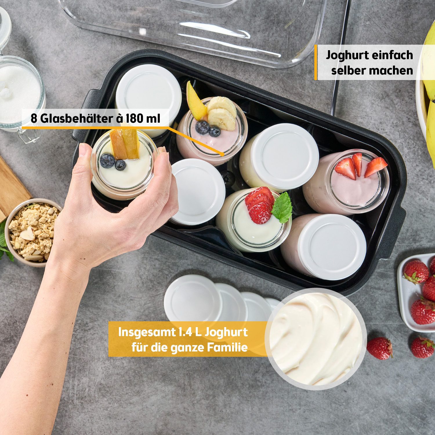 TZS FIRST AUSTRIA Joghurtbereiter Elektischer Joghurtbereiter, Joghurt Maker, 25 W, 8 Gläser, 190 ml, LCD-Display, Temperatureinstellung, Timer- und Auto-Stop-Funktion