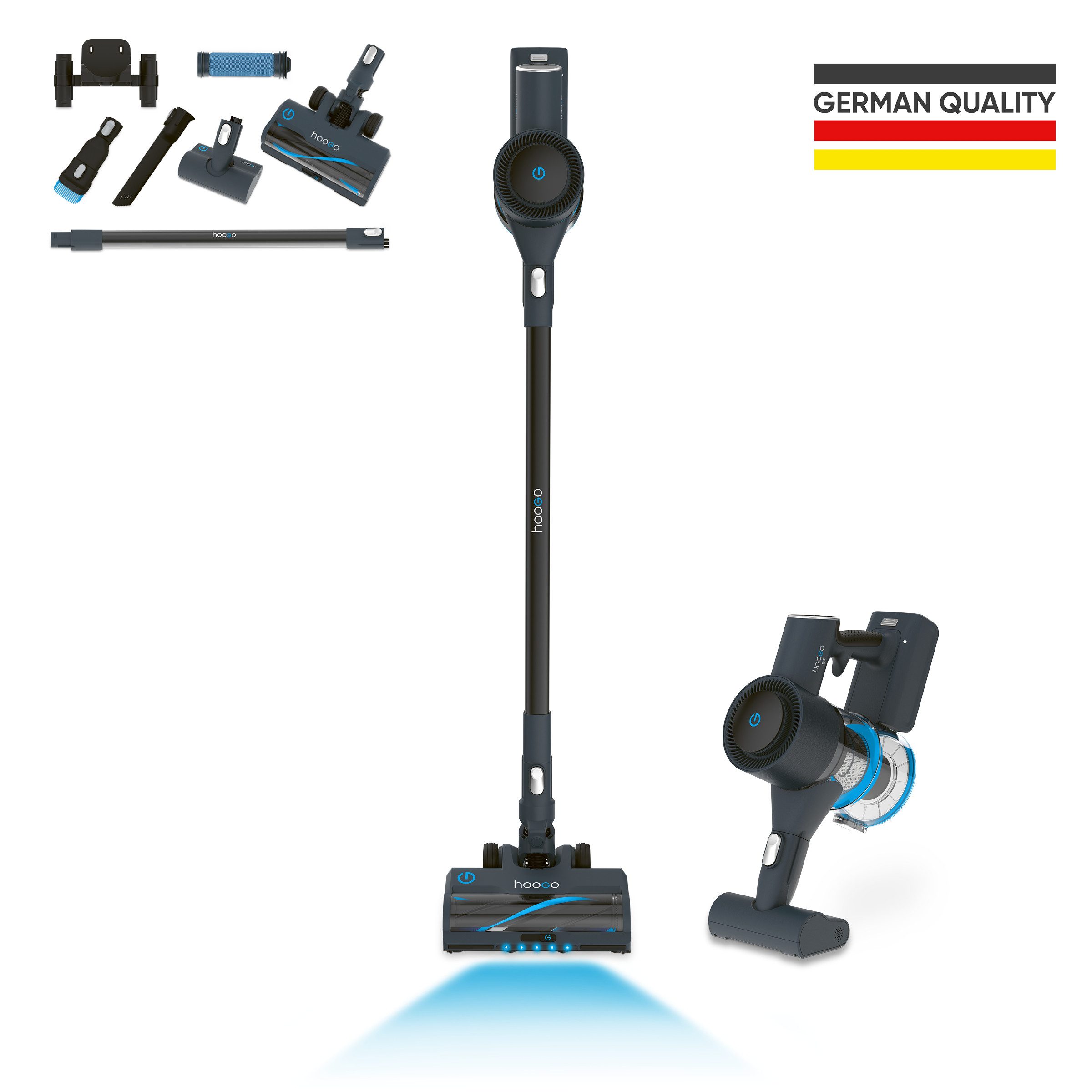 hoogo Akku-Hand-und Stielstaubsauger SC701, 450 W, beutellos, Deutsche Qualität, 60min Laufzeit, 360° Saugen, Allergiker, Tierhaare