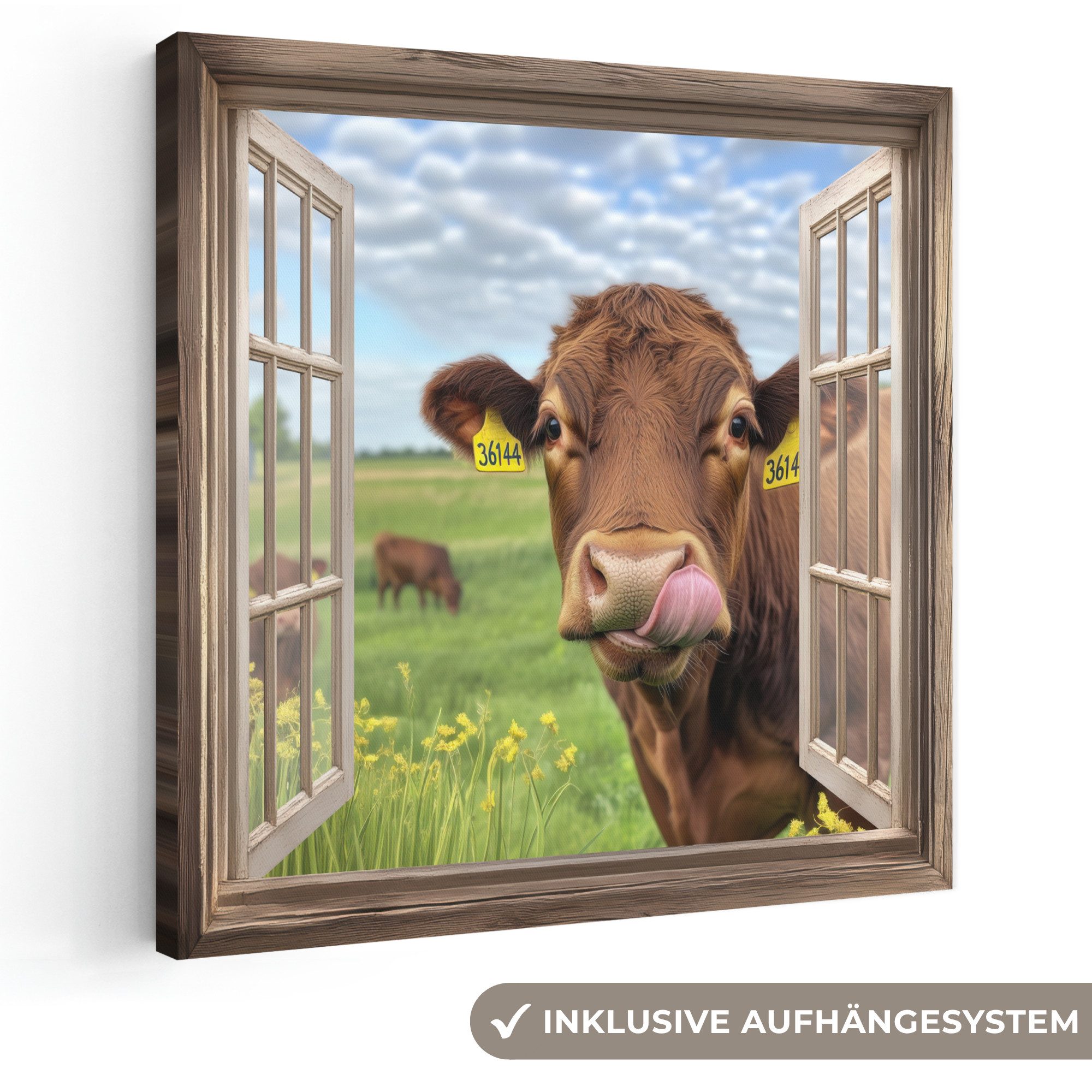 OneMillionCanvasses® Leinwandbild Durchblick - Kuh - Wiese - Landschaft - Tiere, Fotodruck (1 St), Wandbild, Deko Schlafzimmer Wohnzimmer Flur 20x20 cm