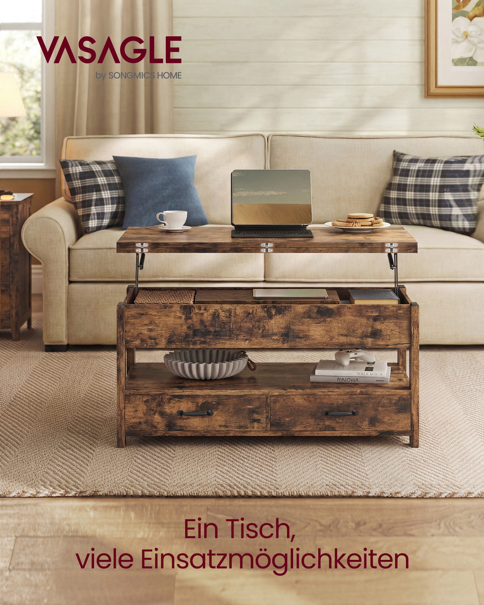 VASAGLE Couchtisch höhenverstellbarer Wohnzimmertisch, für Wohnzimmer, Homeoffice (Doppel-Hebemechanismus, inkl. Zubehörpaket & Anleitung), 2 Schubladen und 3 Fächer unter der Tischplatte, 1 offenes Fach