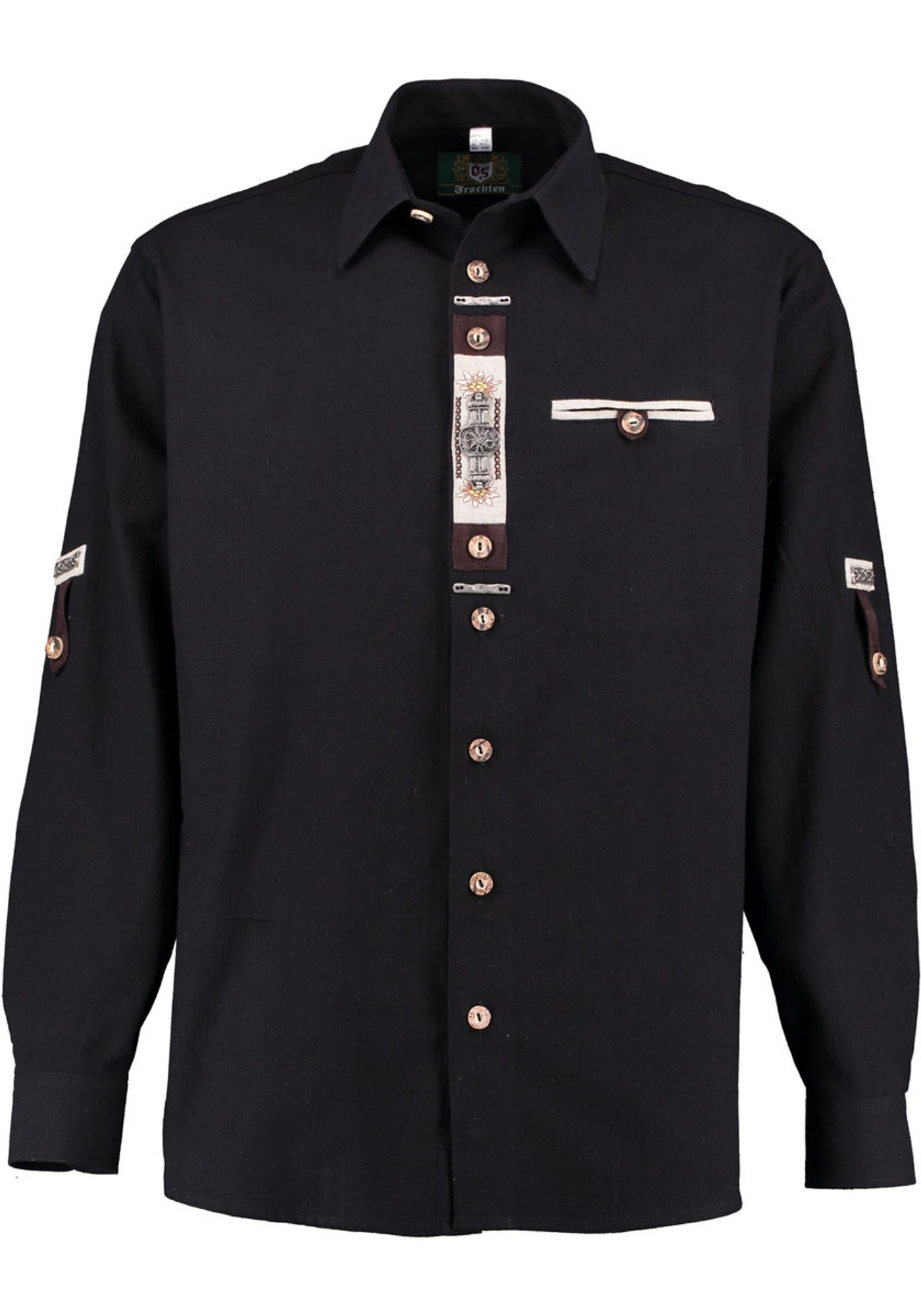 OS-Trachten Trachtenhemd Glexor Langarmhemd mit Edelweiß-Zierteile auf der Knopfleiste schwarz