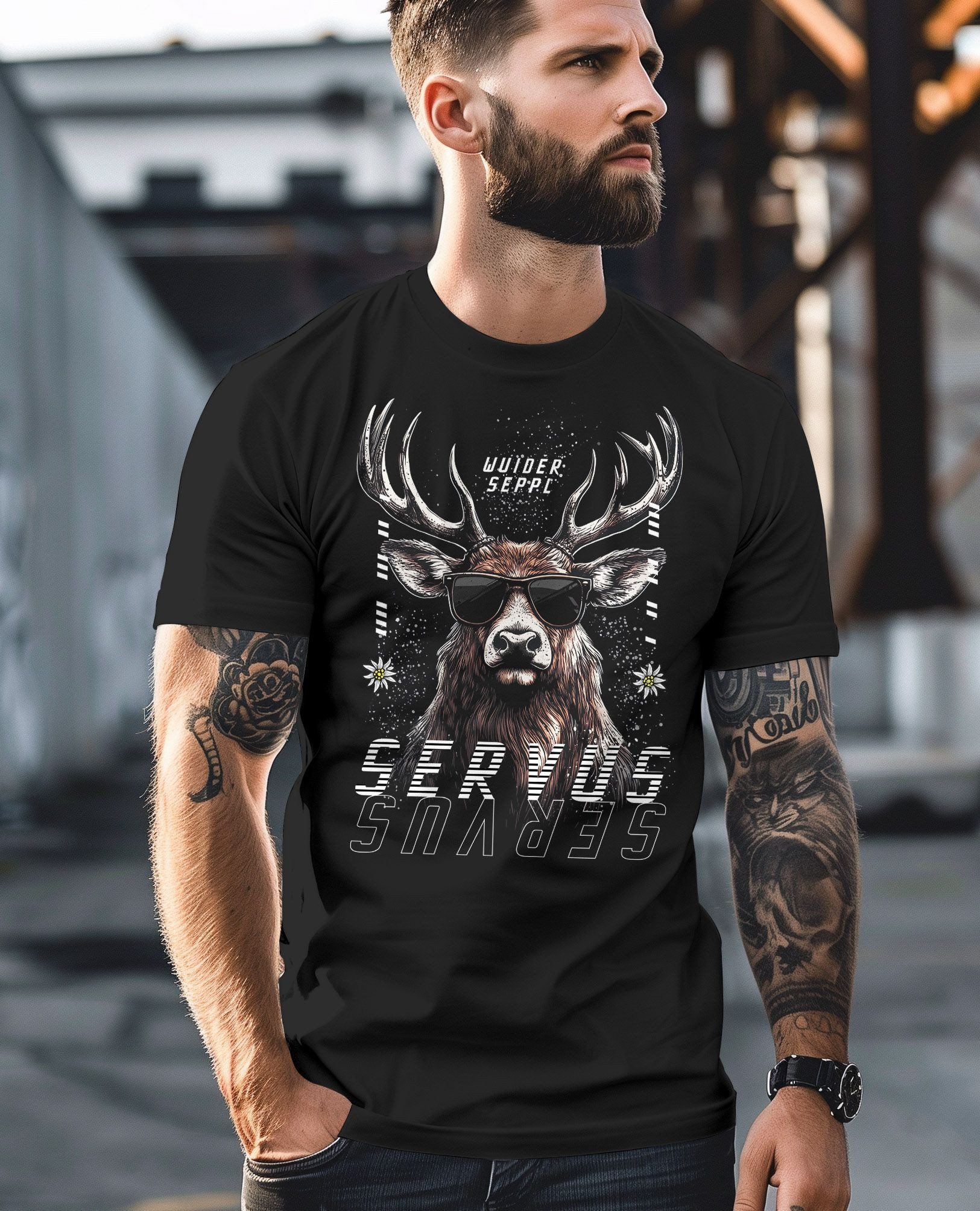Neverless Print-Shirt Herren T-Shirt Servus Hirsch Trachtenshirt Modern Techno Style mit Print – Bild 5 von 5