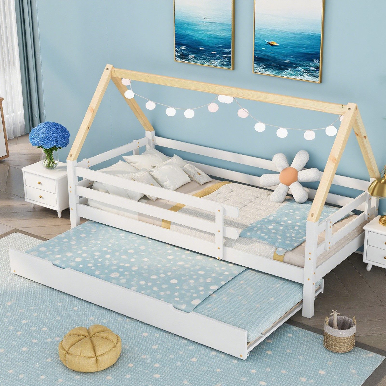 MODFU Bett Kinderbett mit Ausziehbett (Holzbett, Schiebebett mit Rollen, 90x200cm & 90x190cm), Ohne Matratze