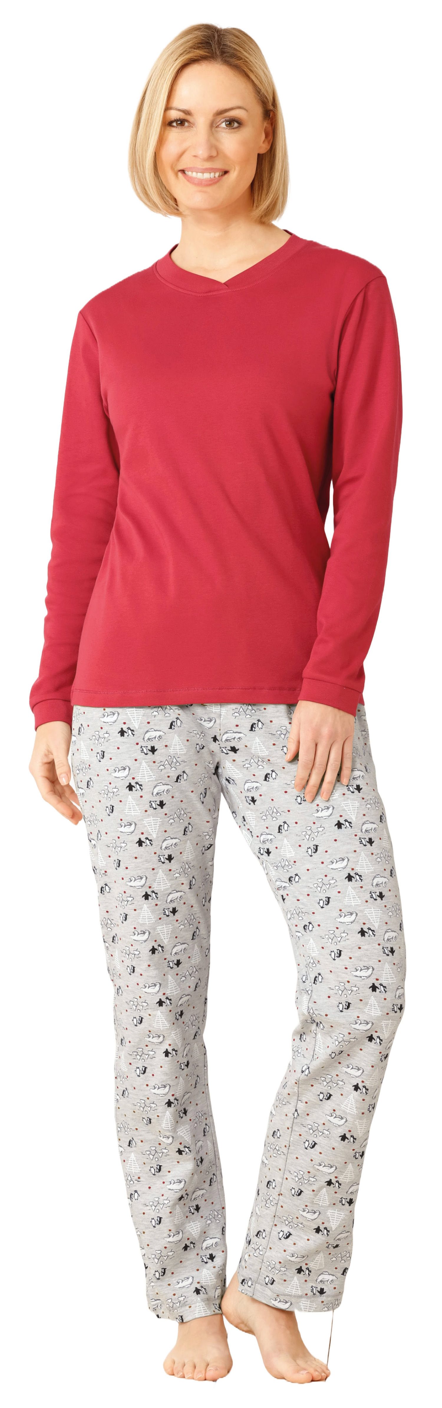 Hajo Schlafanzug Modisches Damen Pyjama lang (2 tlg) Pinguine und Eisbären allover