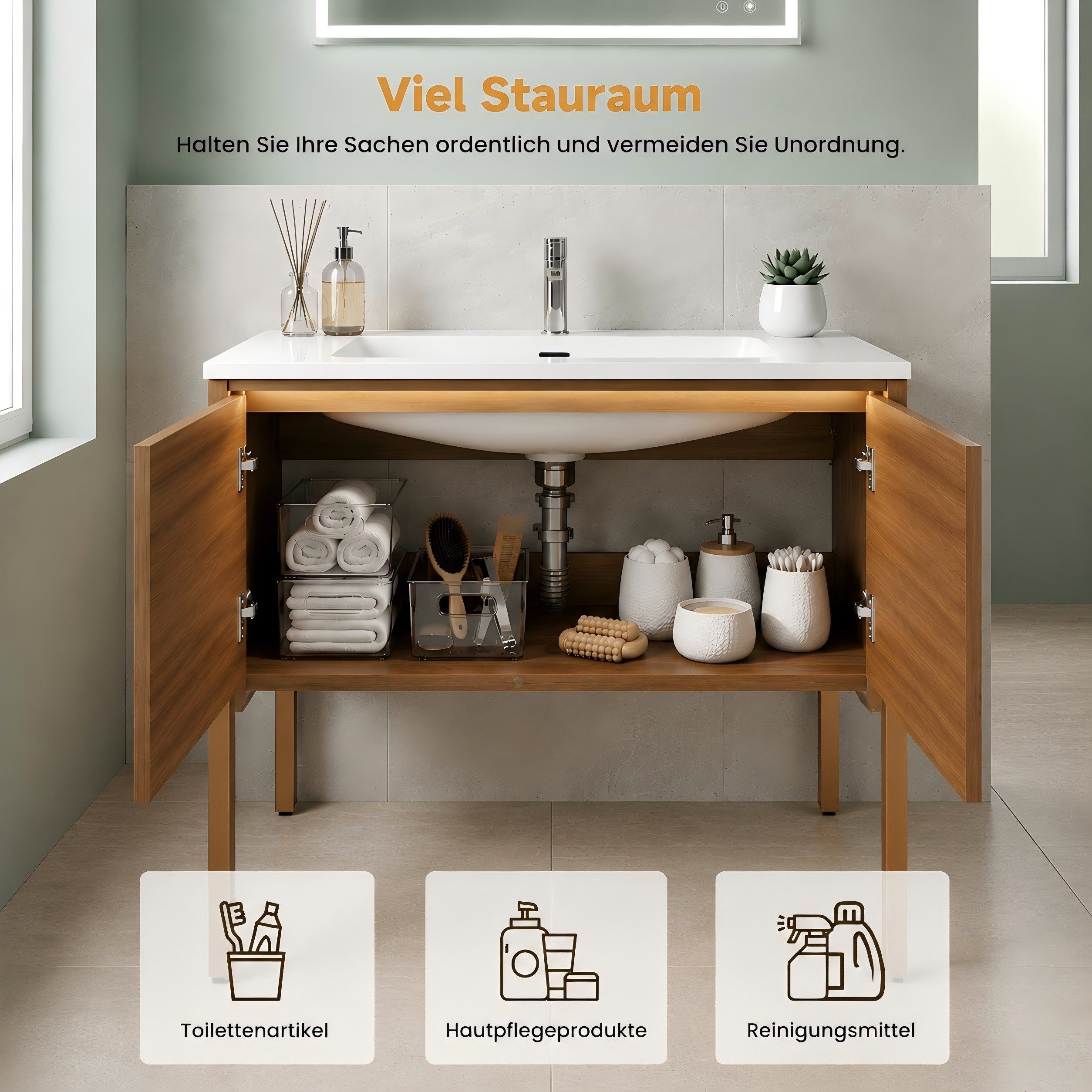 SONNI Waschbeckenschrank Waschbeckenunterschrank mit Sensorleuchte & Waschbecken Holzfarbe mit Gittertür, Breite 89/79cm, mit Sensorleuchte, Naturholz-Optik – Bild 5 von 5
