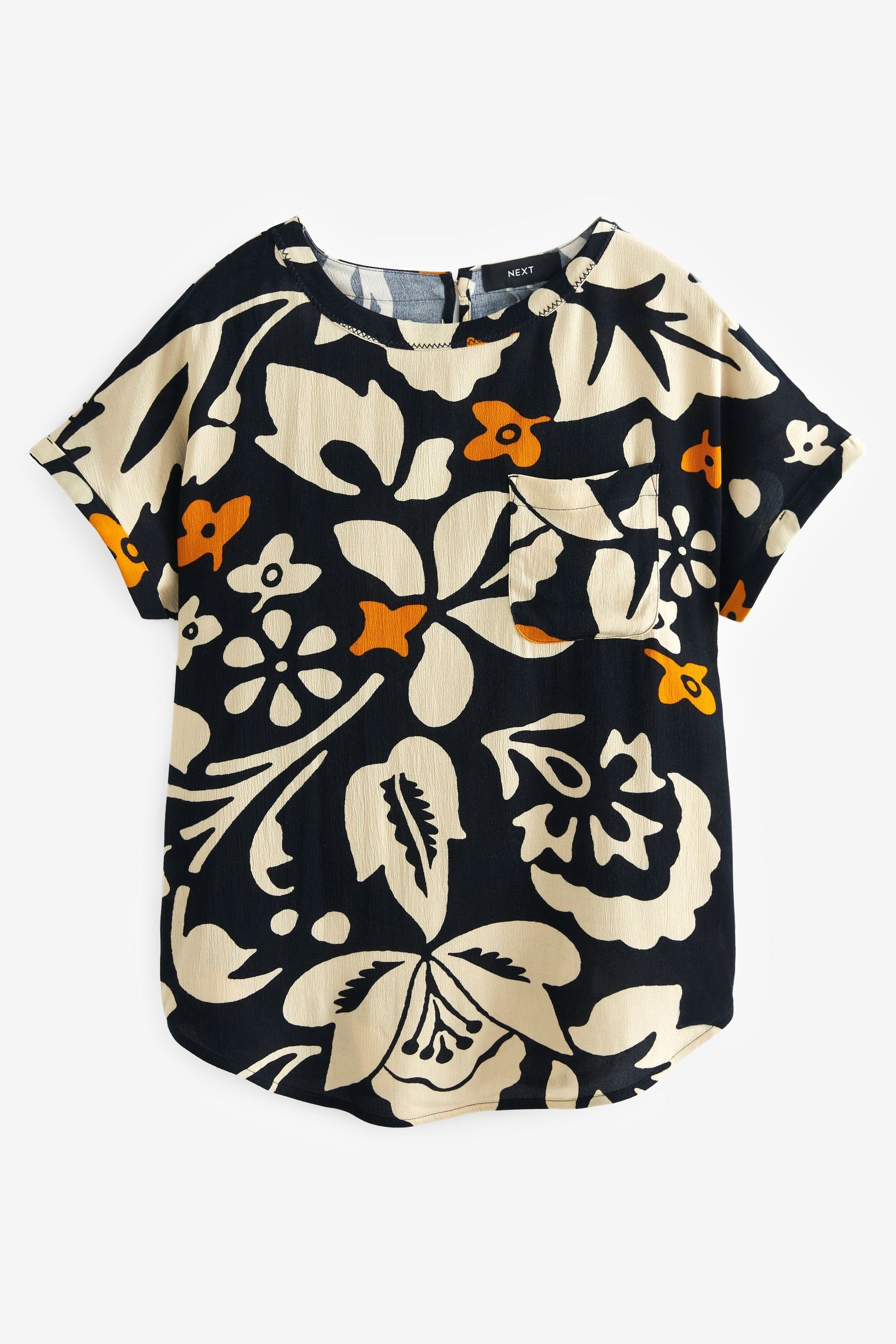 Next T-Shirt White Black/Ecru Saum, Tasche (1-tlg) + T-Shirt abgerundetem Floral mit Kurzgröße