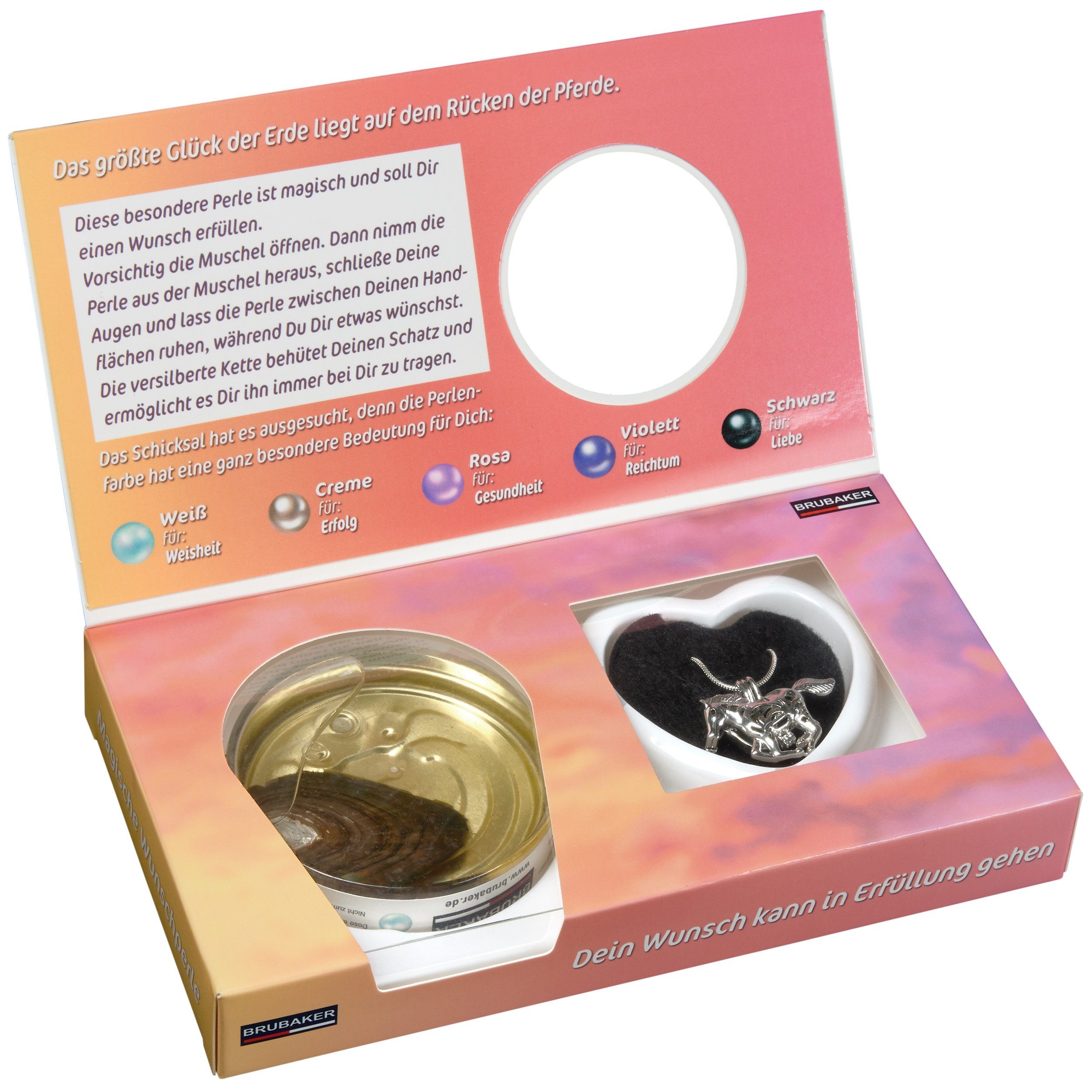 BRUBAKER Perlenketten-Set Deine Persönliche Wunschperle - Pferde (Muschel mit echter Perle als Schmuck Geschenkset für die Reiter und Reiterinnen, Set), Halskette mit Silber Pferde-Anhänger