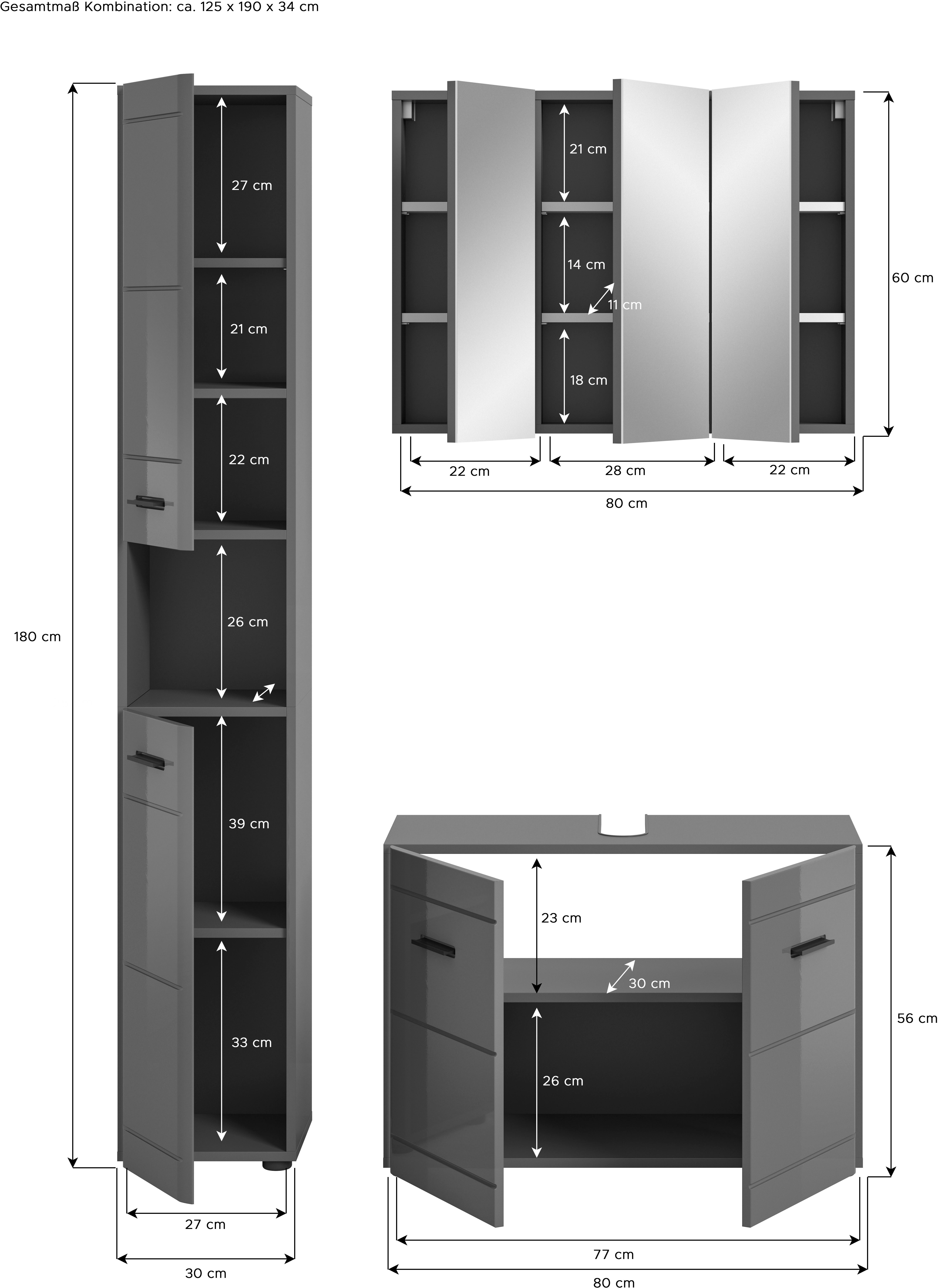welltime Badmöbel-Set Doux, bestehend aus: Hochschrank, Waschbeckenunterschrank, (3-St), Spiegelschrank, hochwertige hochglanz MDF Front mit Rillenfräsung