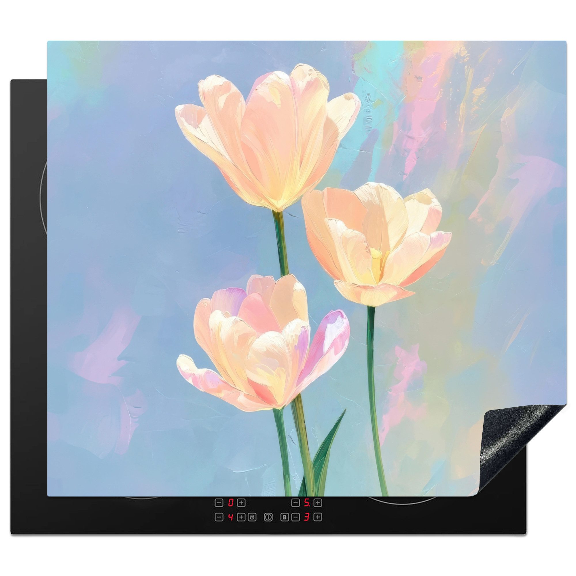 MuchoWow Herd-Abdeckplatte Tulpen - Rosa Akzente - Blau, Vinyl, (1 tlg), Küche Herdabdeckplatte Ceranfeld Vinyl Einteilig, 59x52 cm