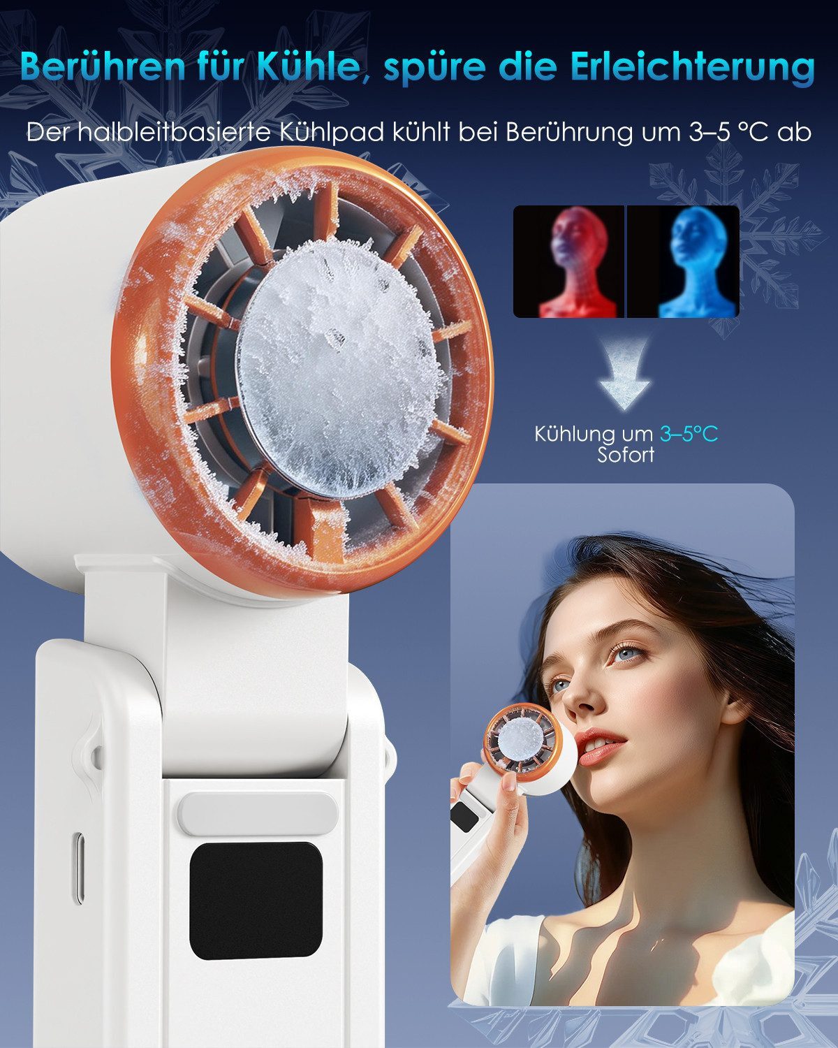 Quntis Handventilator Turbo Ventilator mit Kühleffekt, 120-stufiger Wind, Tragbarer, Mini, 3-in-1 Hand-, Hals- & Tischventilator aufladbar für Reisen & Outdoor