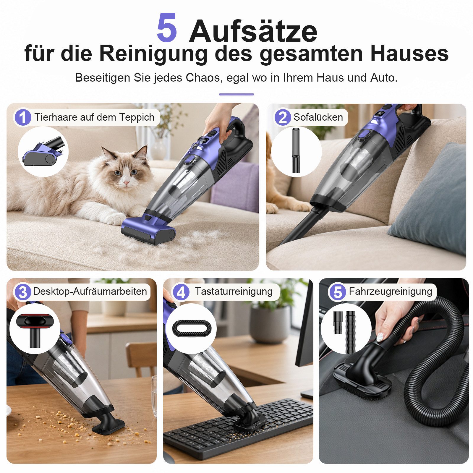 Lapamax Handstaubsauger Akku Kabelloser 20000Pa 120W, Starke Saugkraft, Tragbarer, 10400mAh, 2 Saugmodi Staubsauger für Auto, Teppich, Tierhaare, Treppe