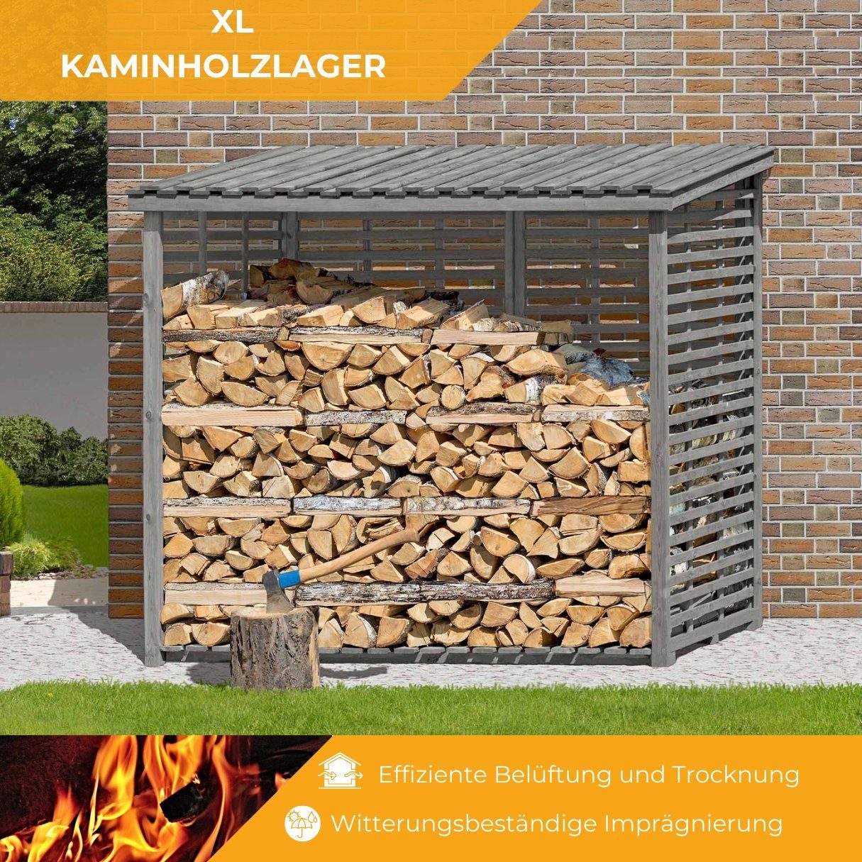 FLAMMO Mega-Holz BxTxH:237x114x203 cm mit Kaminholzregal Rückwand, Kaminholzregal XL