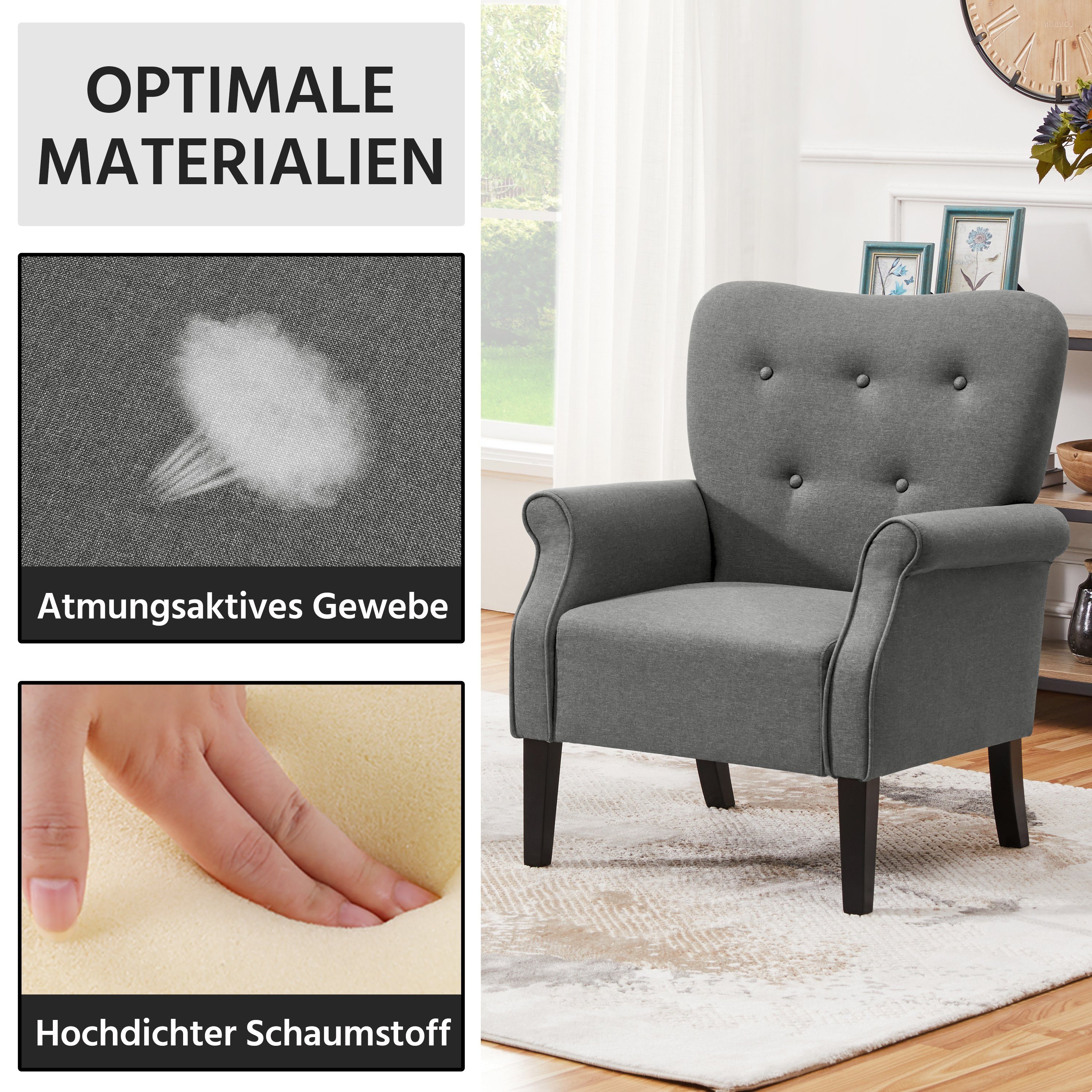Cocktailsessel Holzbeinen mit Relaxsessel Ohrensessel, Loungesessel Yaheetech
