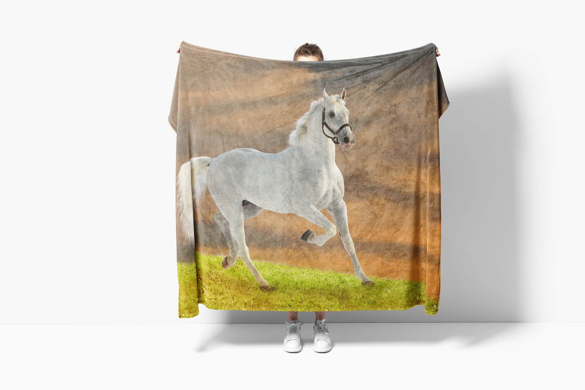 Pferd, Tiermotiv Handtücher Sinus weißes Kuscheldecke Saunatuch Art Handtuch mit Handtuch Strandhandtuch Baumwolle-Polyester-Mix (1-St),