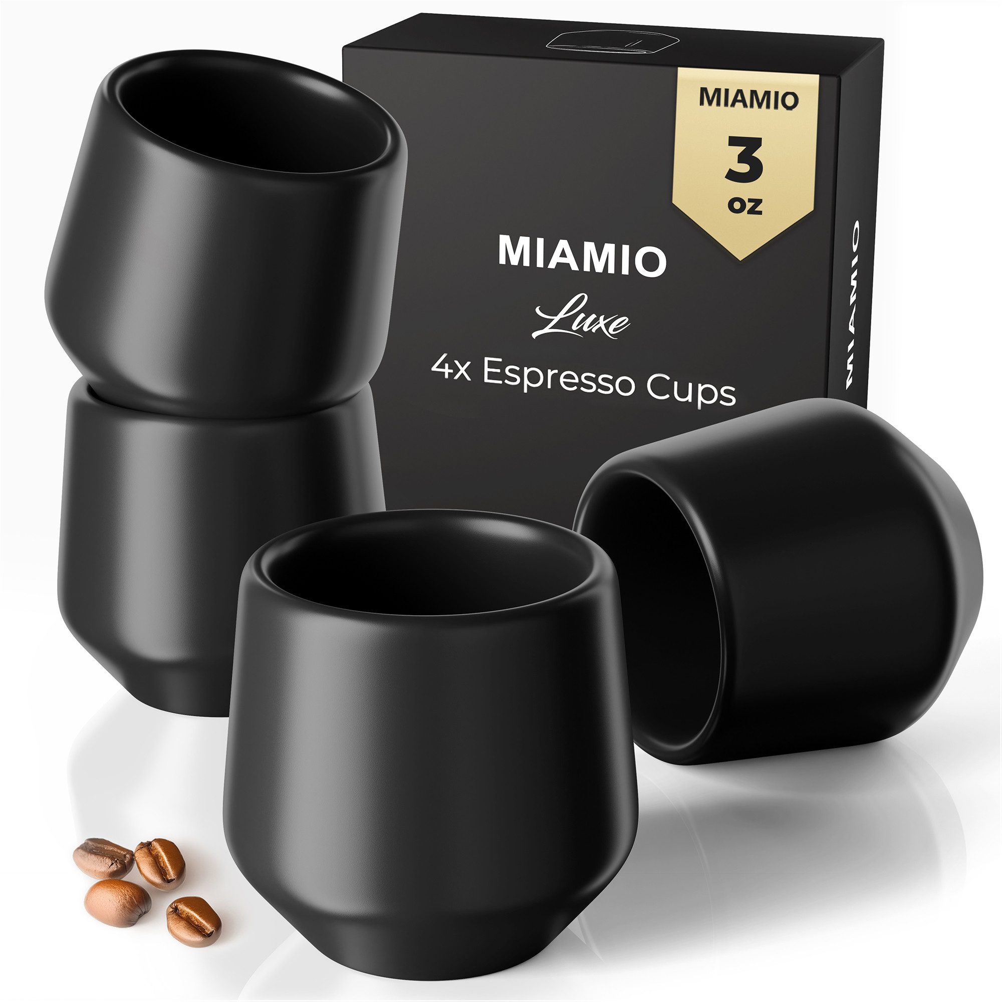 MiaMio Espressotasse Luxe ohne Henkel, 90 ml, Schwarz, 4-tlg., Keramik, Ristretto & Doppio, dickwandig, modern