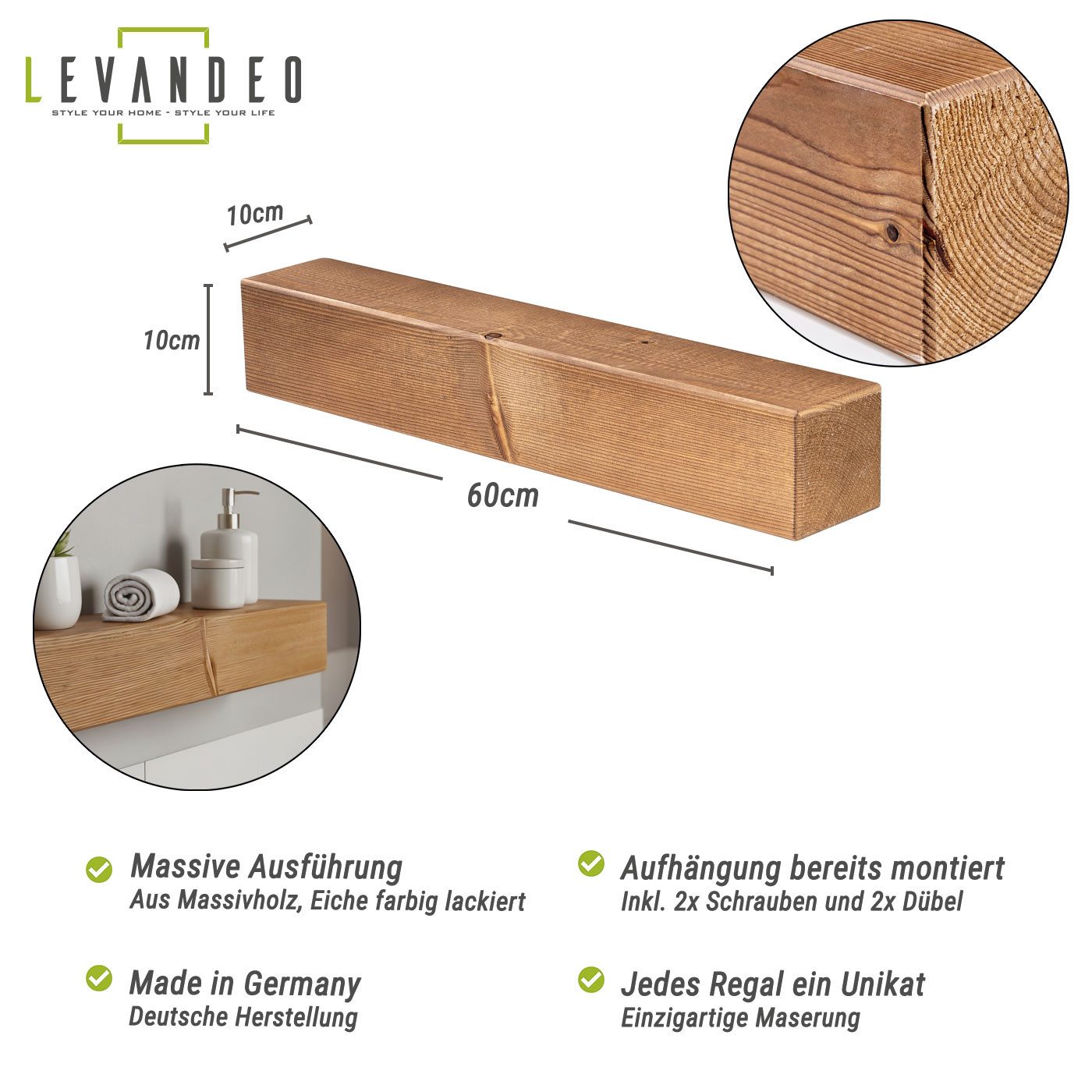 Levandeo® Wandregal, levandeo Wandregal Holz Massiv 60x10cm Eiche Farbig Wandboard Regal