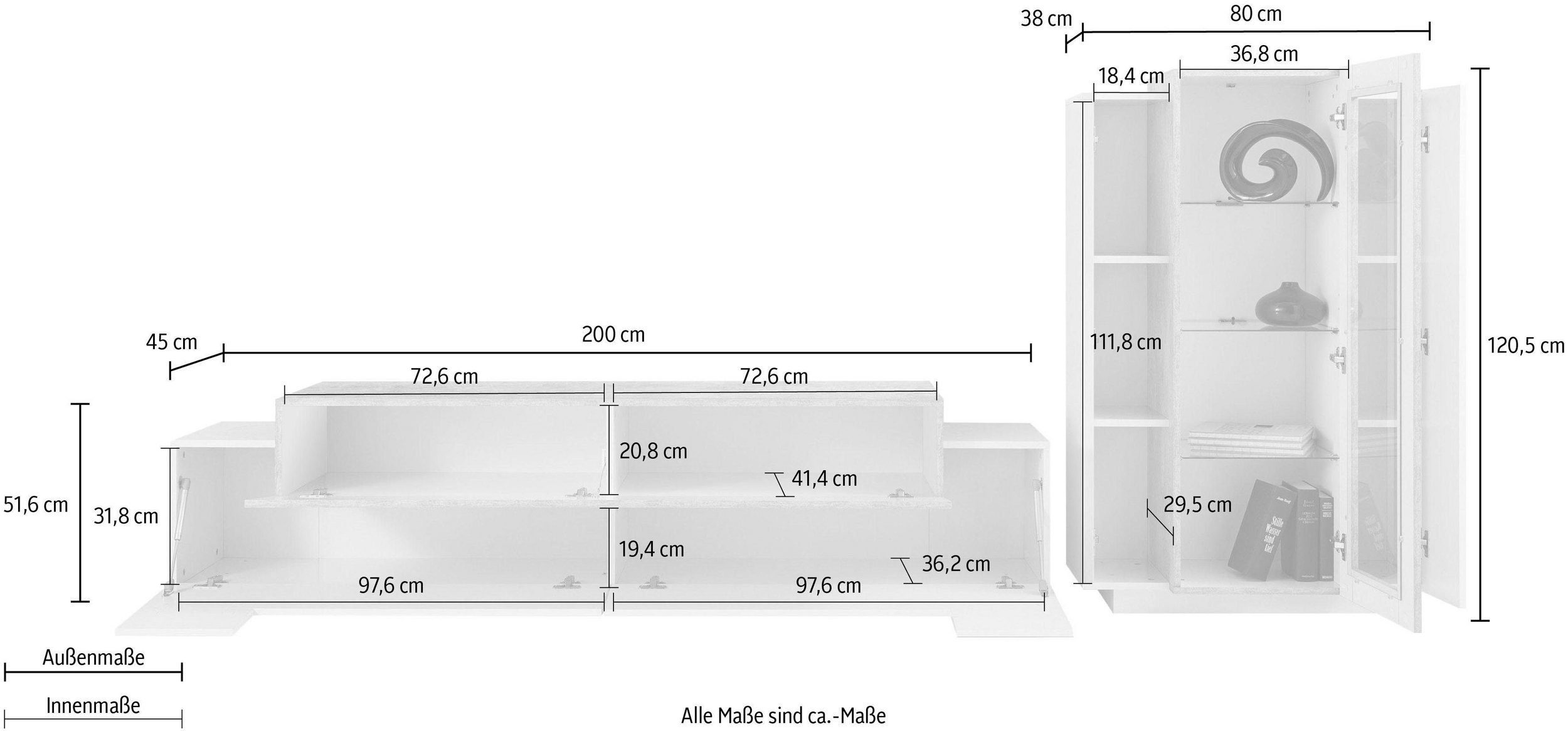 möbelando Wohnwand Corona, (BxHxT: 4 und Türen in Einlegeböden cm), 3 anthrazit/Oak mit 280x120,5x45
