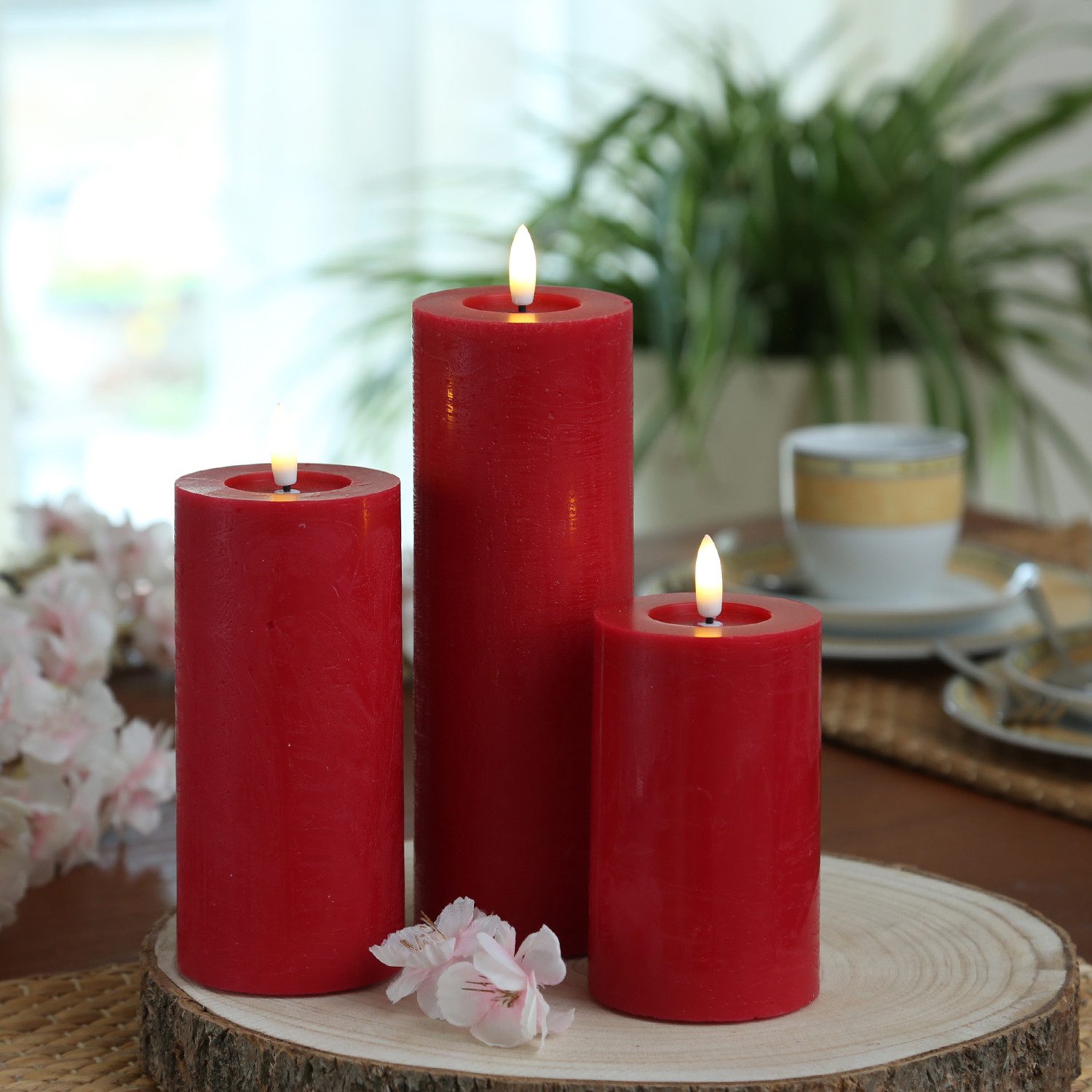 Adilina LED-Kerze Kerzenset LINA Rustik Optik für Adventskranz 3 Größen Timer rot 3St, LED Classic, warmweiß (2100K bis 3000K)