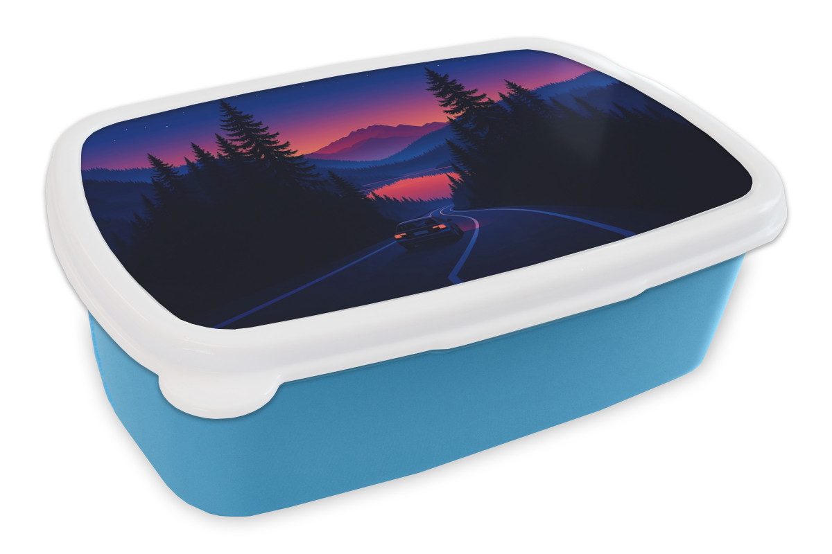 MuchoWow Lunchbox Auto - Dunkle Kiefern - Sonnenuntergang, Kunststoff, (2-tlg), Brotdose, Lunchbox, Brotbox für Kinder und Erwachsene