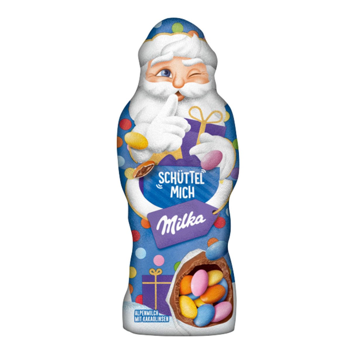 MILKA Schokolade, Milka Schüttel mich Weihnachtsmann Alpenmilch mit Kakaolinsen 61g