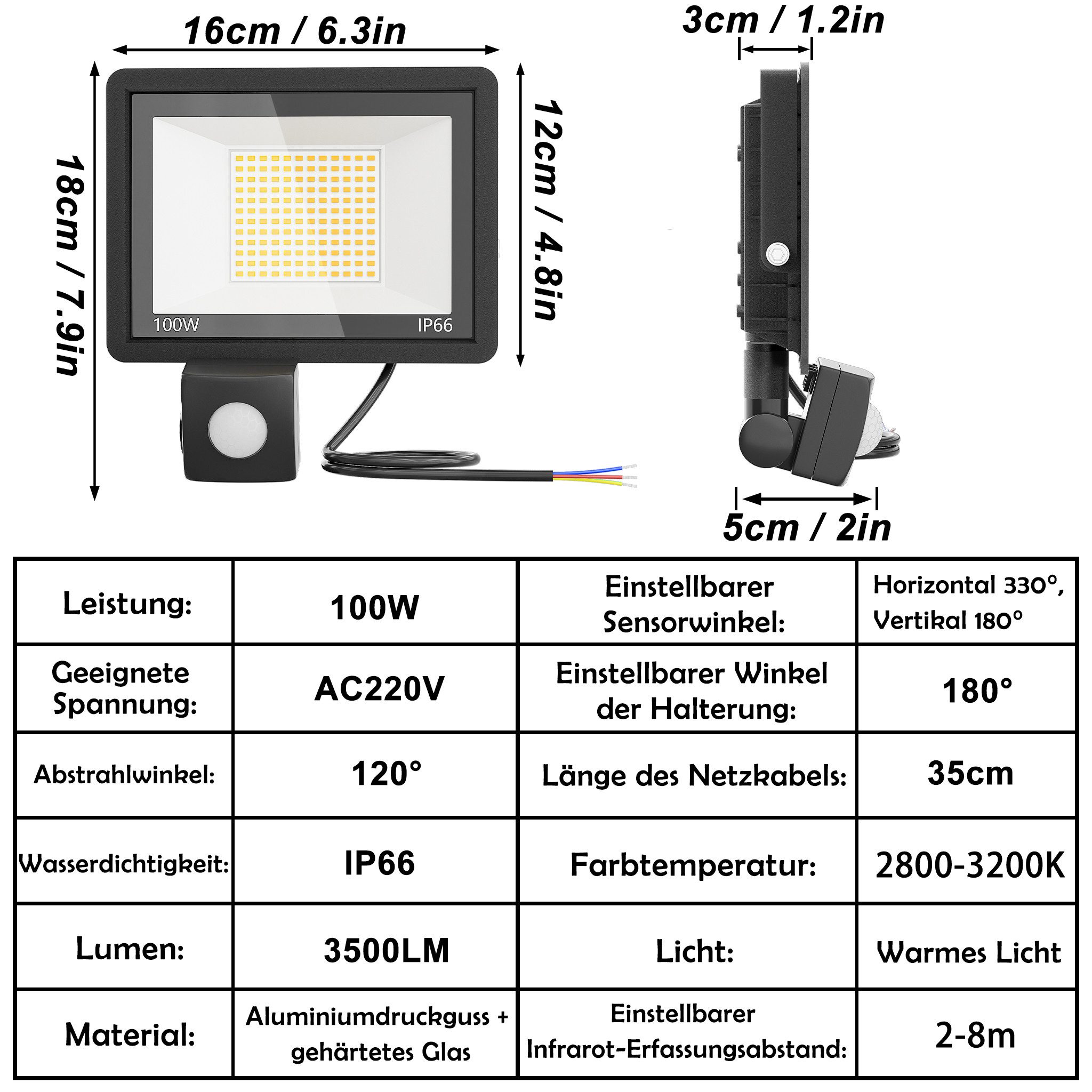 FIVMEN LED Flutlichtstrahler LED Strahler mit Bewegungsmelder 100W Superhell Scheinwerfer, Aussenlampe für Garten, Innenhöfe, Garage – Bild 2 von 5