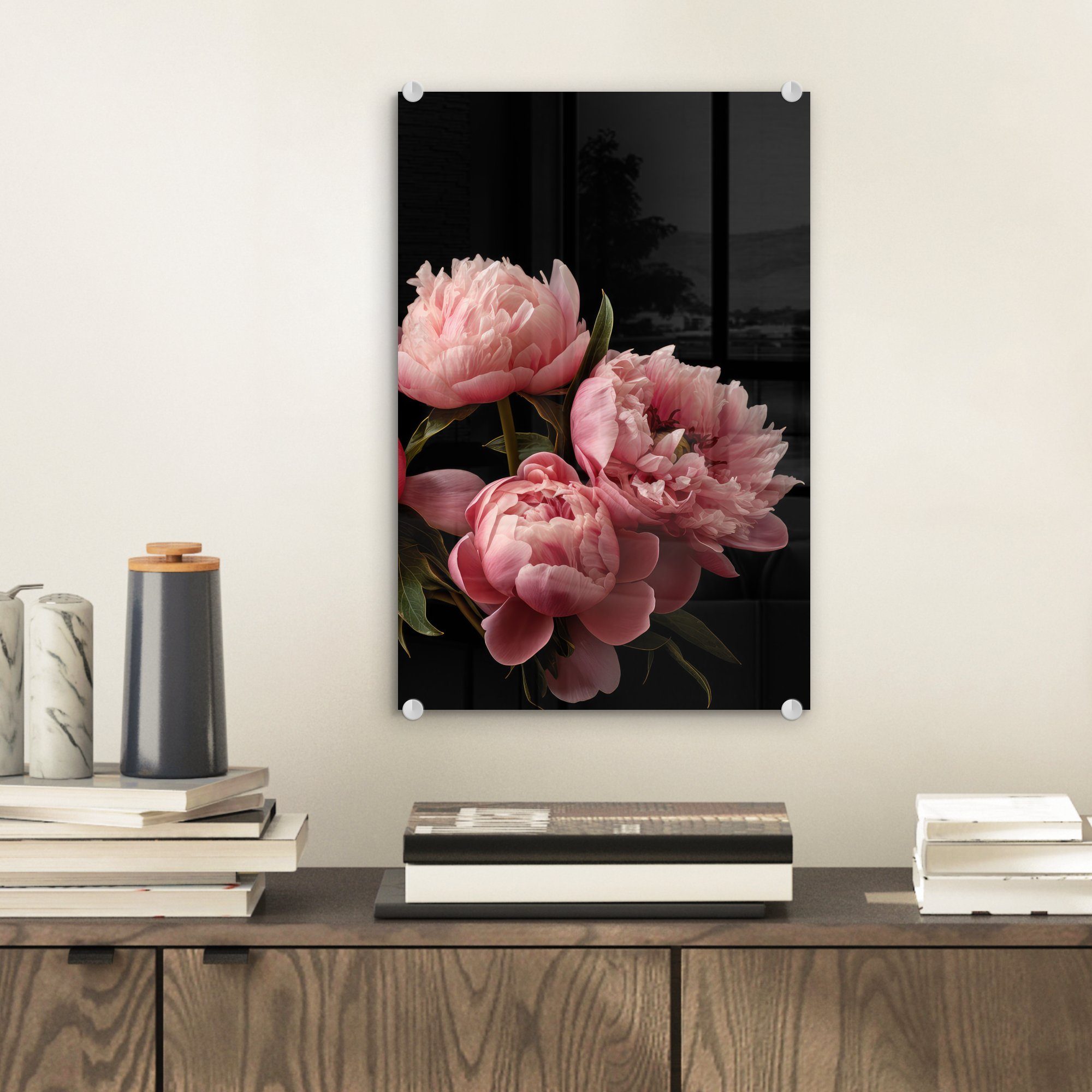 Acrylglasbild St), Rosa auf Foto - Blumen MuchoWow auf Glas Wandbild Natur, - - Wanddekoration (1 Bilder Glasbilder Botanisch - Glas Pfingstrose - - -