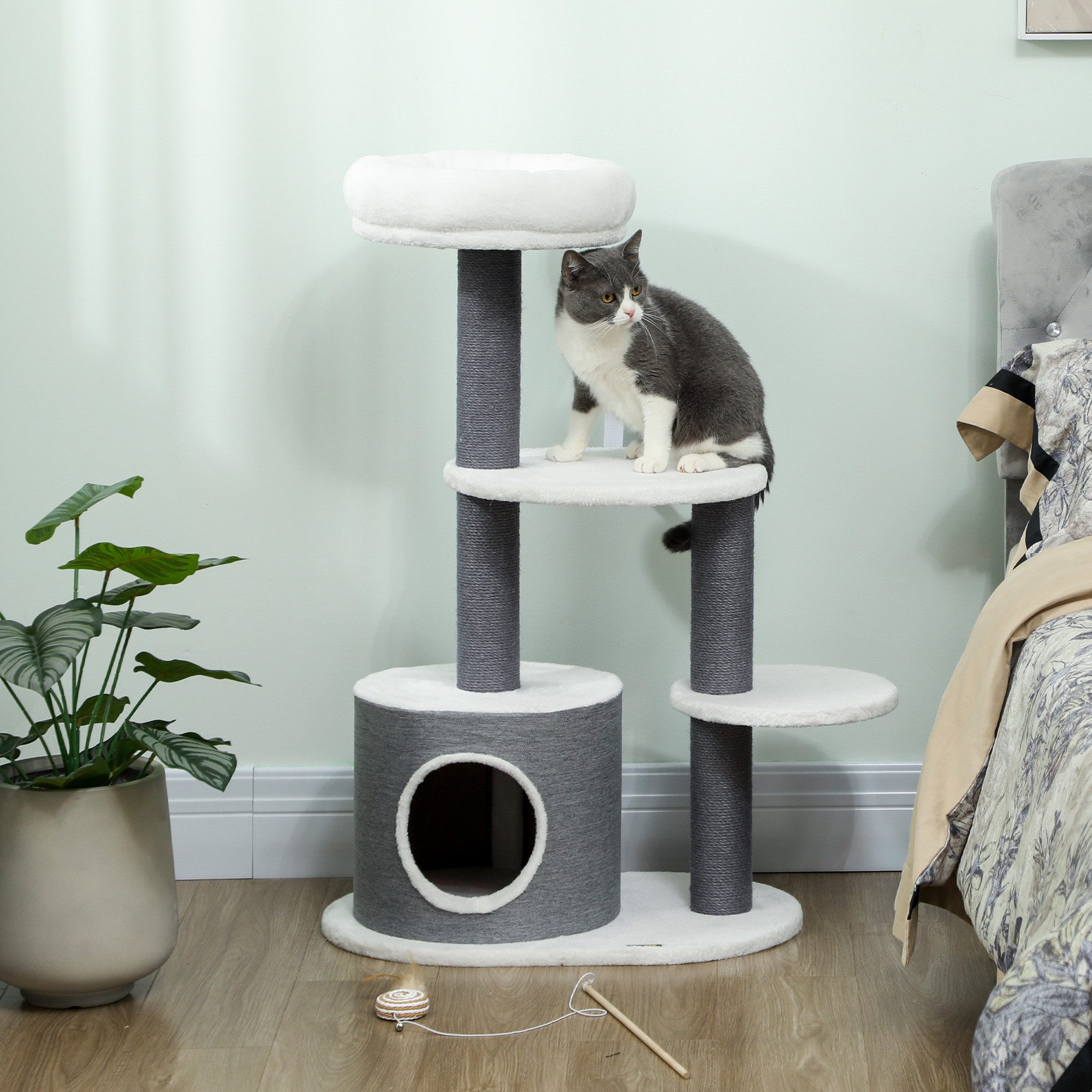 PawHut Kratzbaum mehrstöckiger Katzenkratzbaum mit Höhle, Kratzstämme, 3 Plattformen, für Katzen unter 4 kg, Grau+Weiß