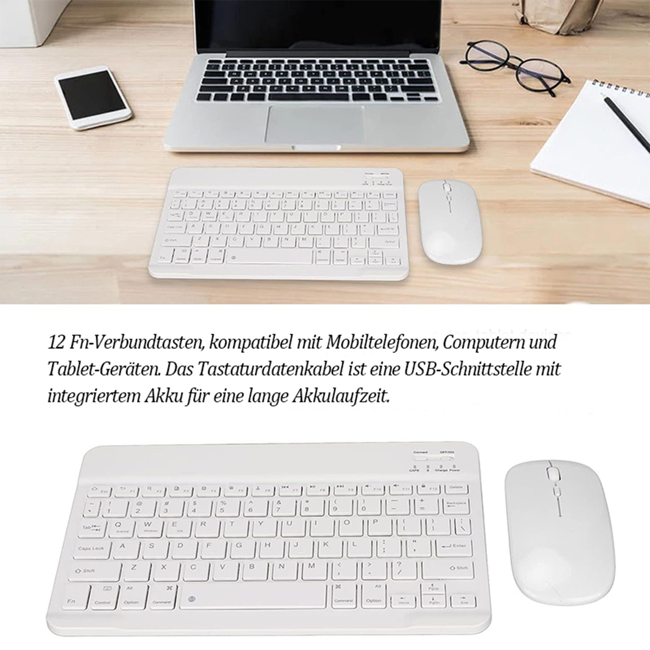 KINSI Bluetooth Tastatur Maus Set,ultraflach & geräuscharm,kabellos Tastatur- und Maus-Set, (Enthält Tastatur und Maus), 10 Zoll, für PC & Tablet