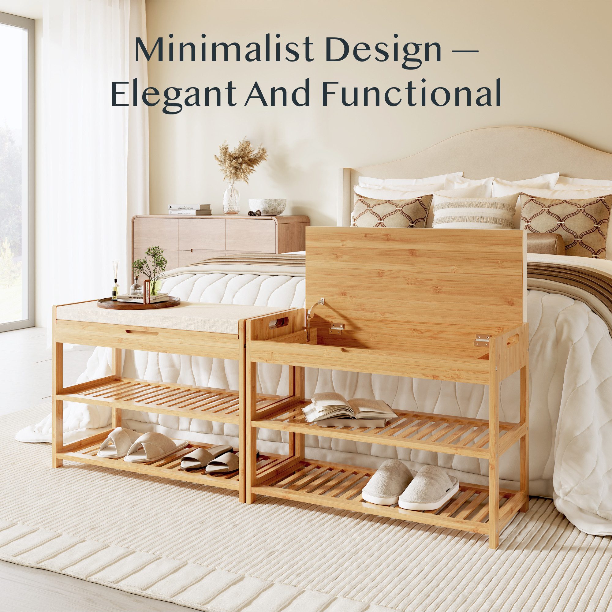 FLEXISPOT Schuhbank FLEXISPOT Schuhbank aus Bambus mit 200 kg Tragkraft (Schuhregal mit 2 Ebenen, Schuhhocker mit Sitzfläche & Ablage, platzsparend für Eingangsbereich), stabil & langlebig