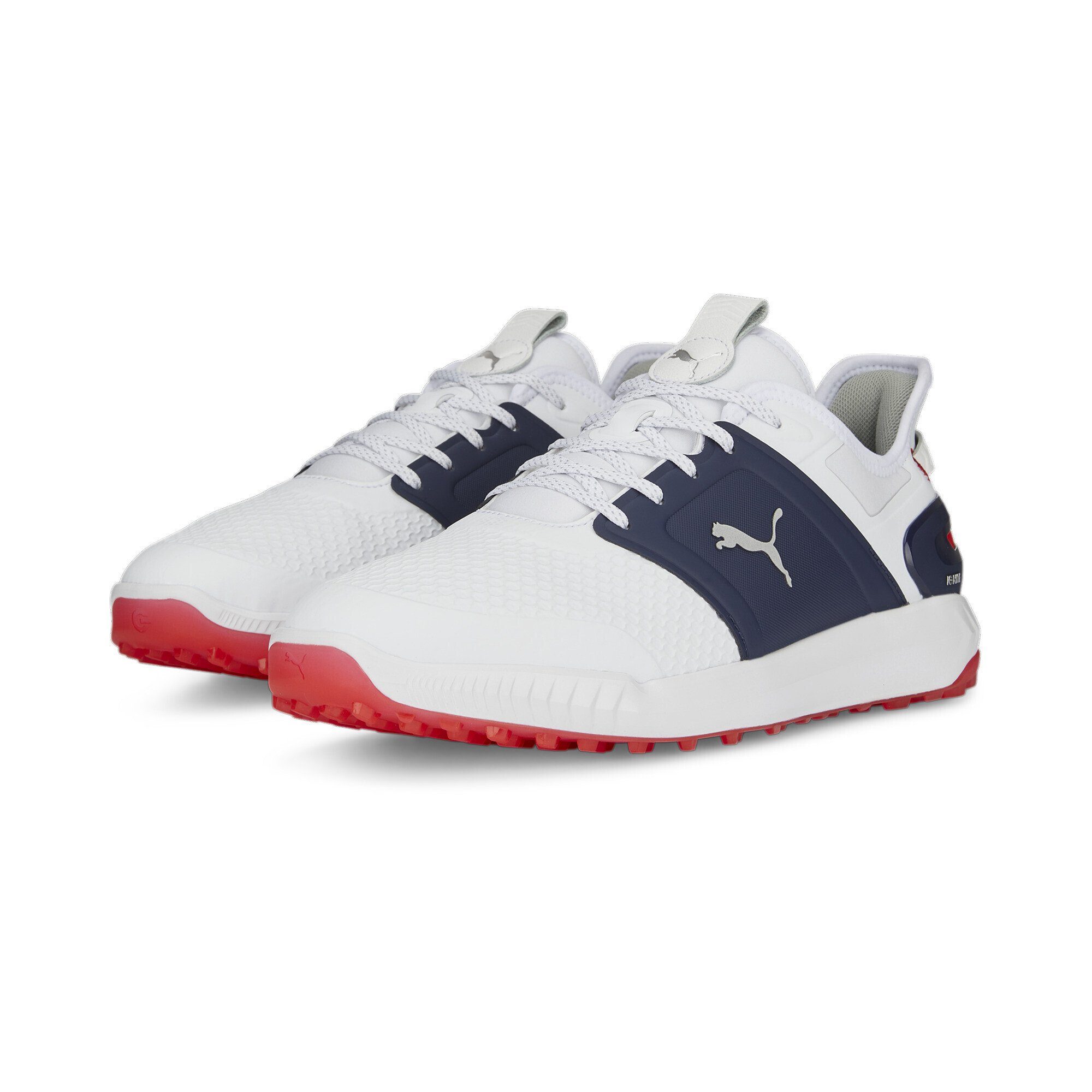 Hochstufung PUMA IGNITE ELEVATE Golfschuhe Metallic Silver Herren White Golfschuh Blue Navy