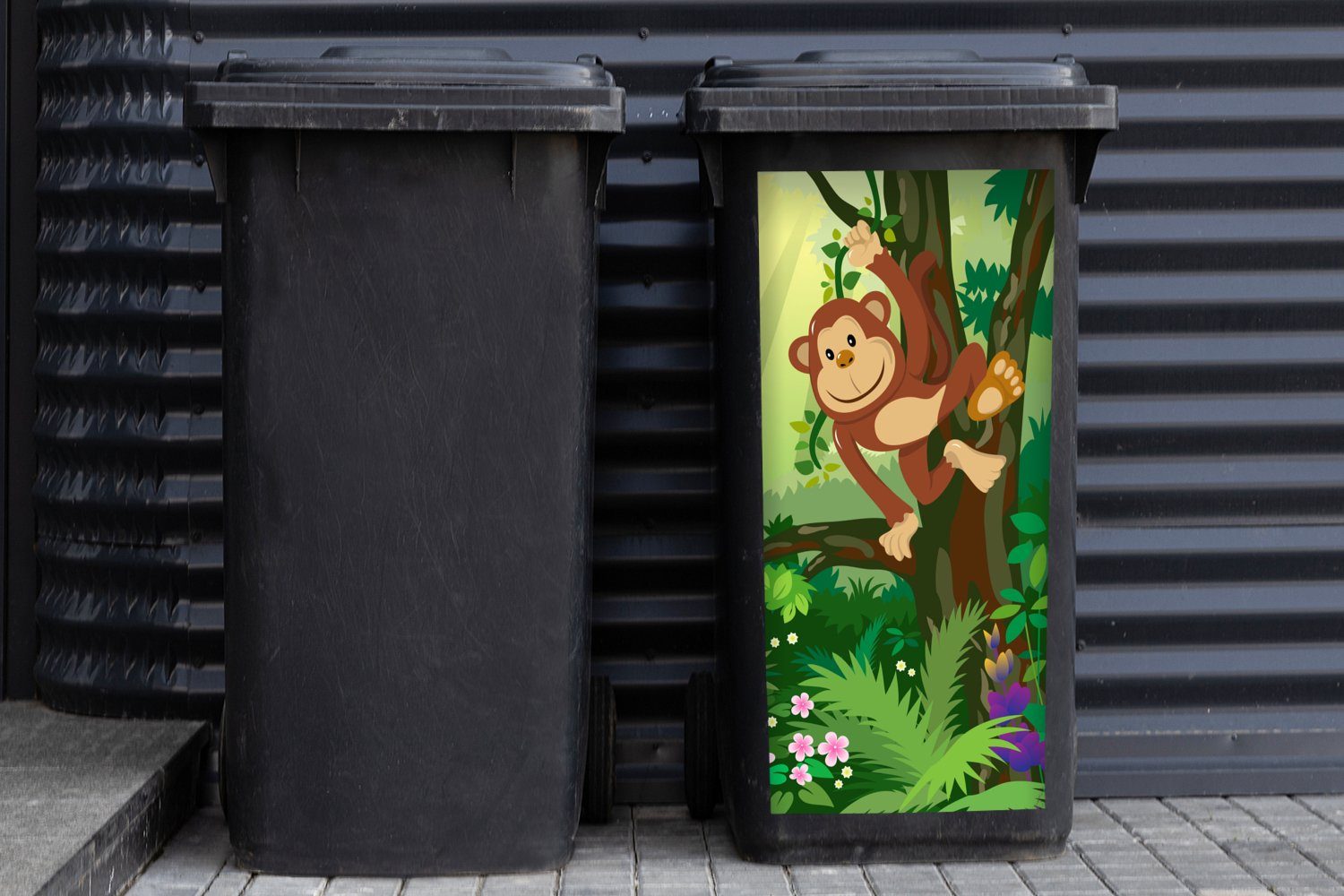 Jungen - Abfalbehälter Mülleimer-aufkleber, Wandsticker - Affe - Container, Kinder MuchoWow - Mülltonne, St), Sticker, Mädchen Blumen - Dschungel (1