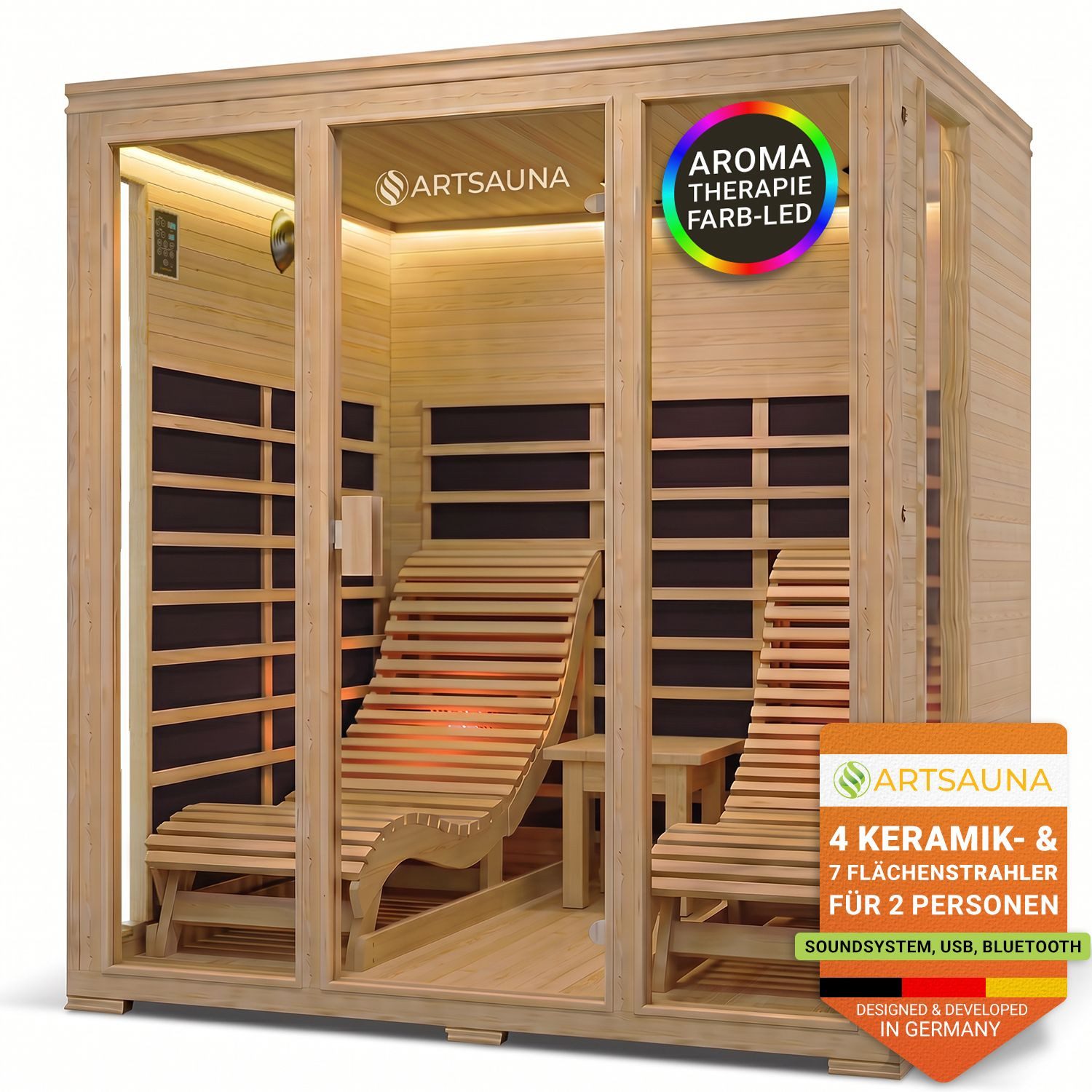 Artsauna Infrarotkabine Billund Dual Technologie, für 2 Personen, Hemlock-Holz, HiFi-System, Ionisator, LED-Farblicht