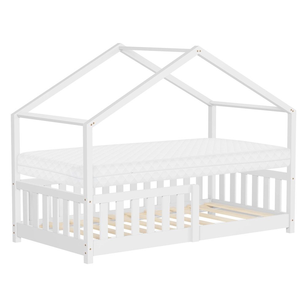 ML-DESIGN Spielbett Hausbett Kinderbett inkl. Lattenrost & Rausfallschutz Kinder Bodenbett, Abenteuerbett 80x160cm mit Matratze Himmelbett Kiefer Jugendbett Weiß