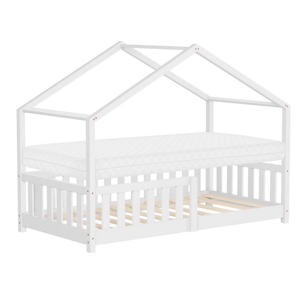 ML-DESIGN Spielbett Hausbett Kinderbett inkl. Lattenrost & Rausfallschutz Kinder Bodenbett, Abenteuerbett 80x160cm mit Matratze Himmelbett Kiefer Jugendbett Weiß