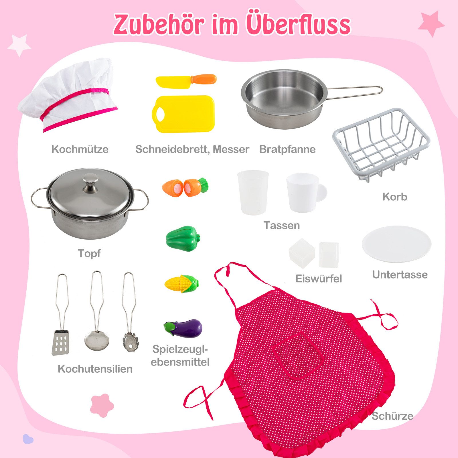 KOMFOTTEU Spielküche, mit Licht und Sound, Herd, Spüle, Kühlschrank & Dunstabzugshaube