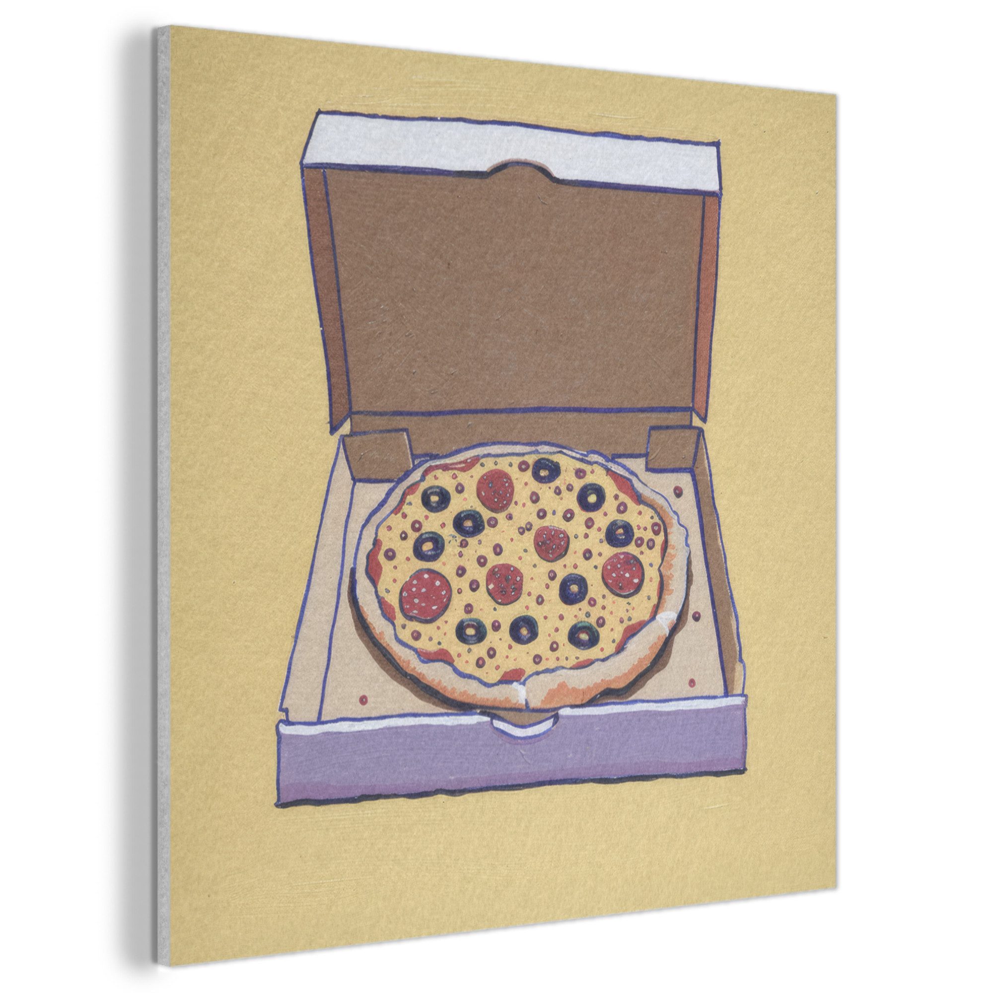 MuchoWow Gemälde Pizza - Schachtel - Salami - Illustration, Fotodruck (1 St), Akustikbilder PET-Filz, Wandpaneele, Akustikpaneele 40x40 cm