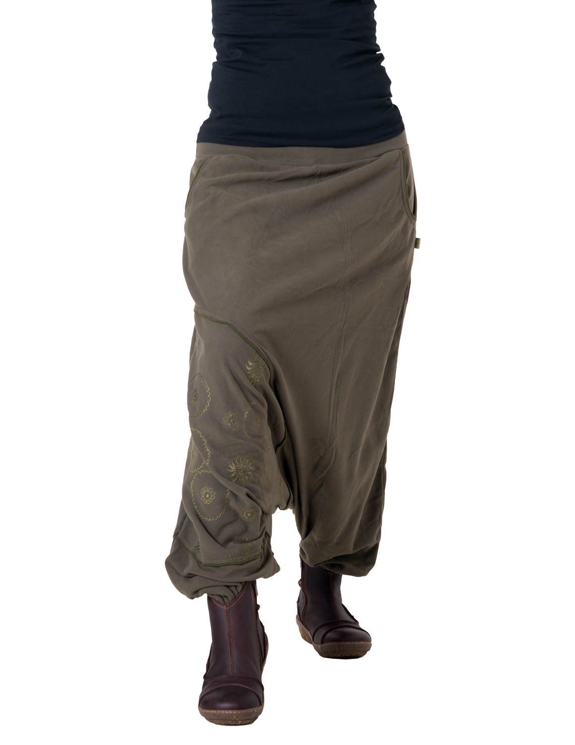 Haremshose Pluderhose Vishes bestickt Fleecehose aus olive - Thermo Warme Fleece Pumphose,