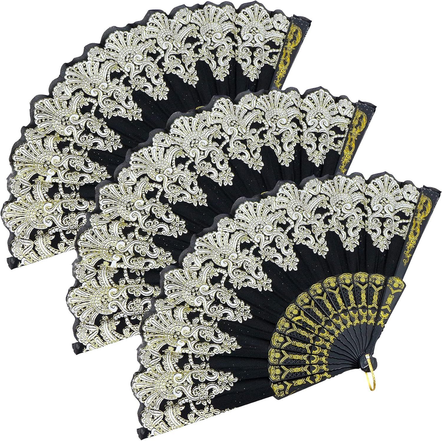 Daskoo Handfächer 3Pcs Stil Hochzeit Spitze Seide Falten Hand Held Blume Fan,Schwarz