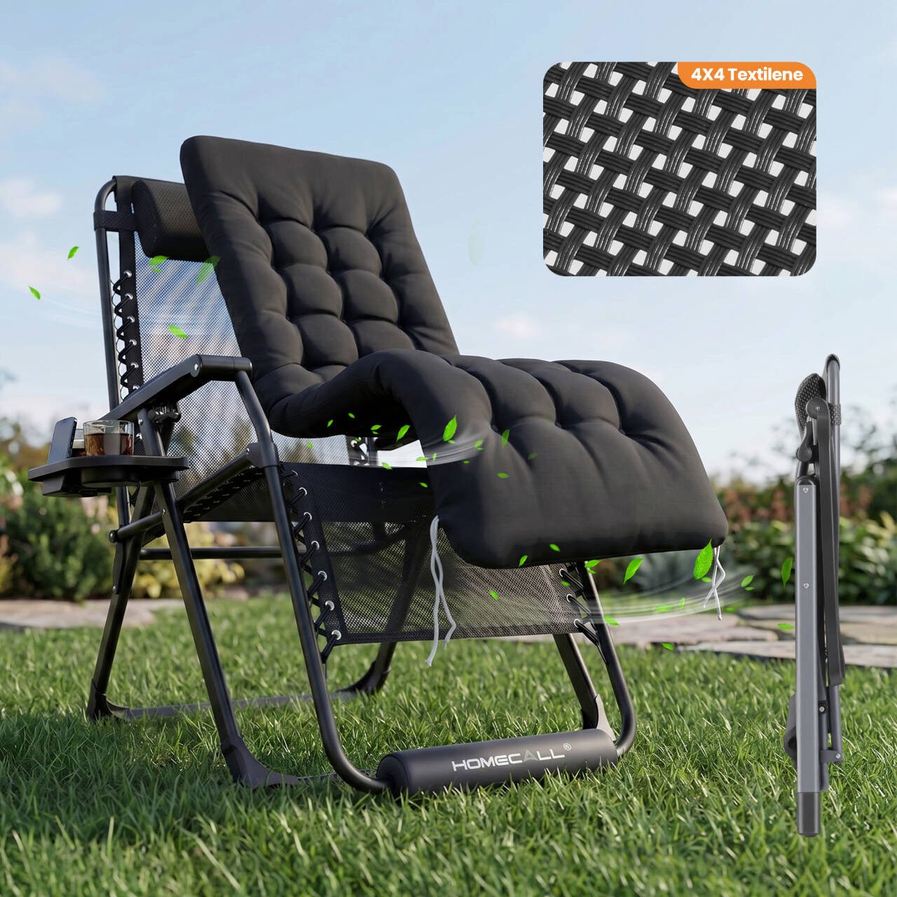HOMECALL Gartenliege Sonnenliege Klappbar, Liegestuhl mit Weiches Kissen,groß Campingstuhl, XXL Extra breiter Zero Gravity Stuhl, 1 St., bis 180 KG, für Garten Terrasse Balkon