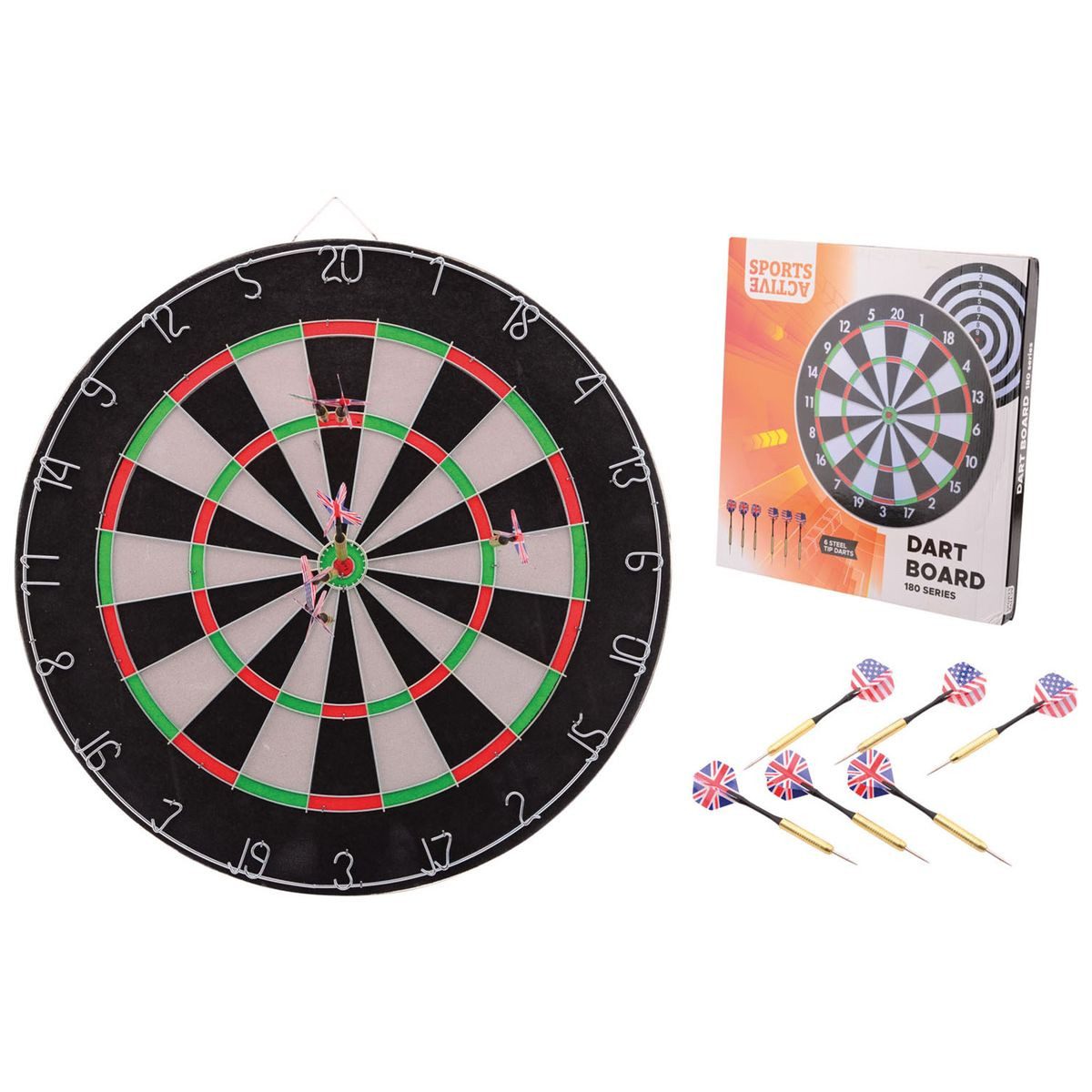 JOHNTOY Dartscheibe Dartscheibe mit 6 Steeldarts 450x20mm